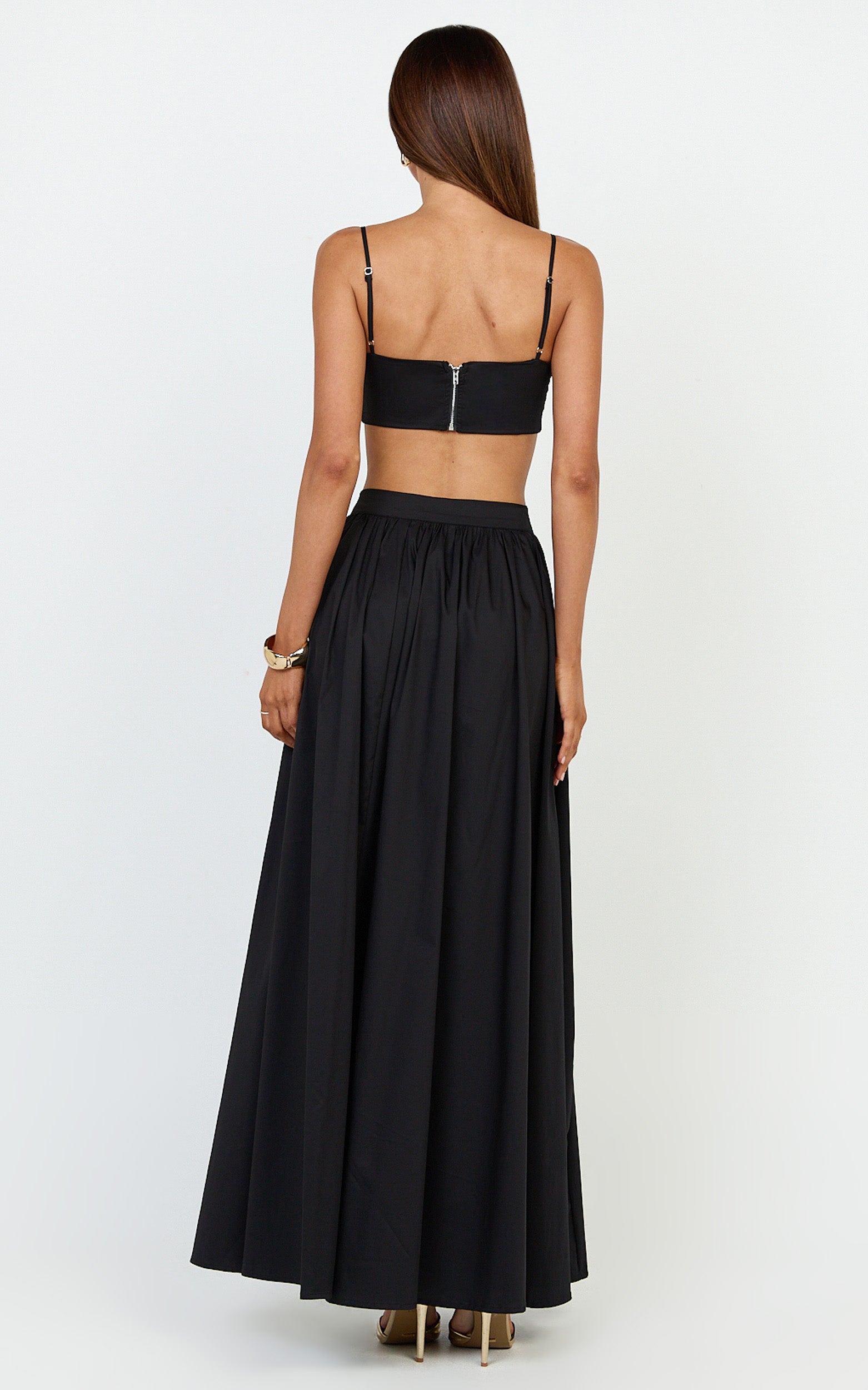 Tegan Two Piece Set - Straight Neck Micro Crop Top and A Line Maxi Skirt Set in Black