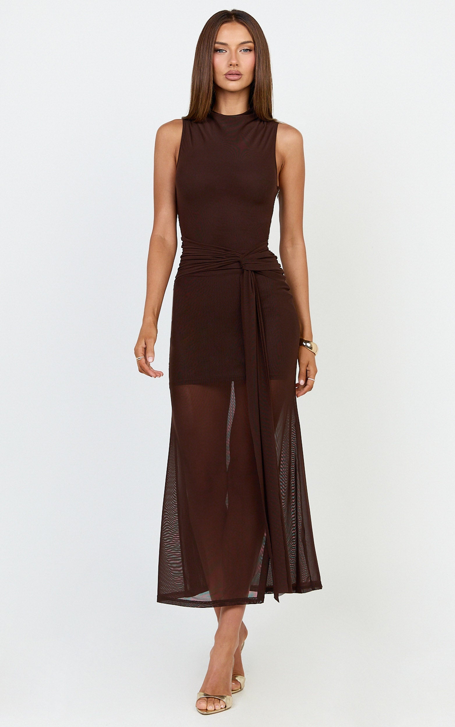 Jaimae Midi Dress - High Neck Side Knot Detail Mesh Dress in Chocolate
