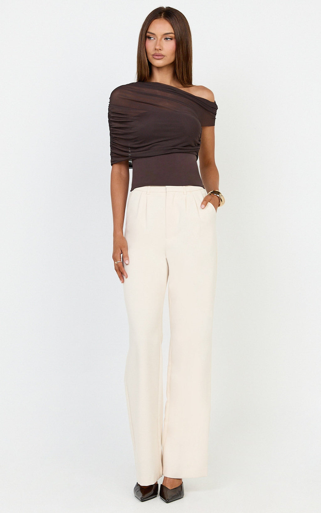 Sophia Top - Draped One Shoulder Mesh Overlay Top in Chocolate