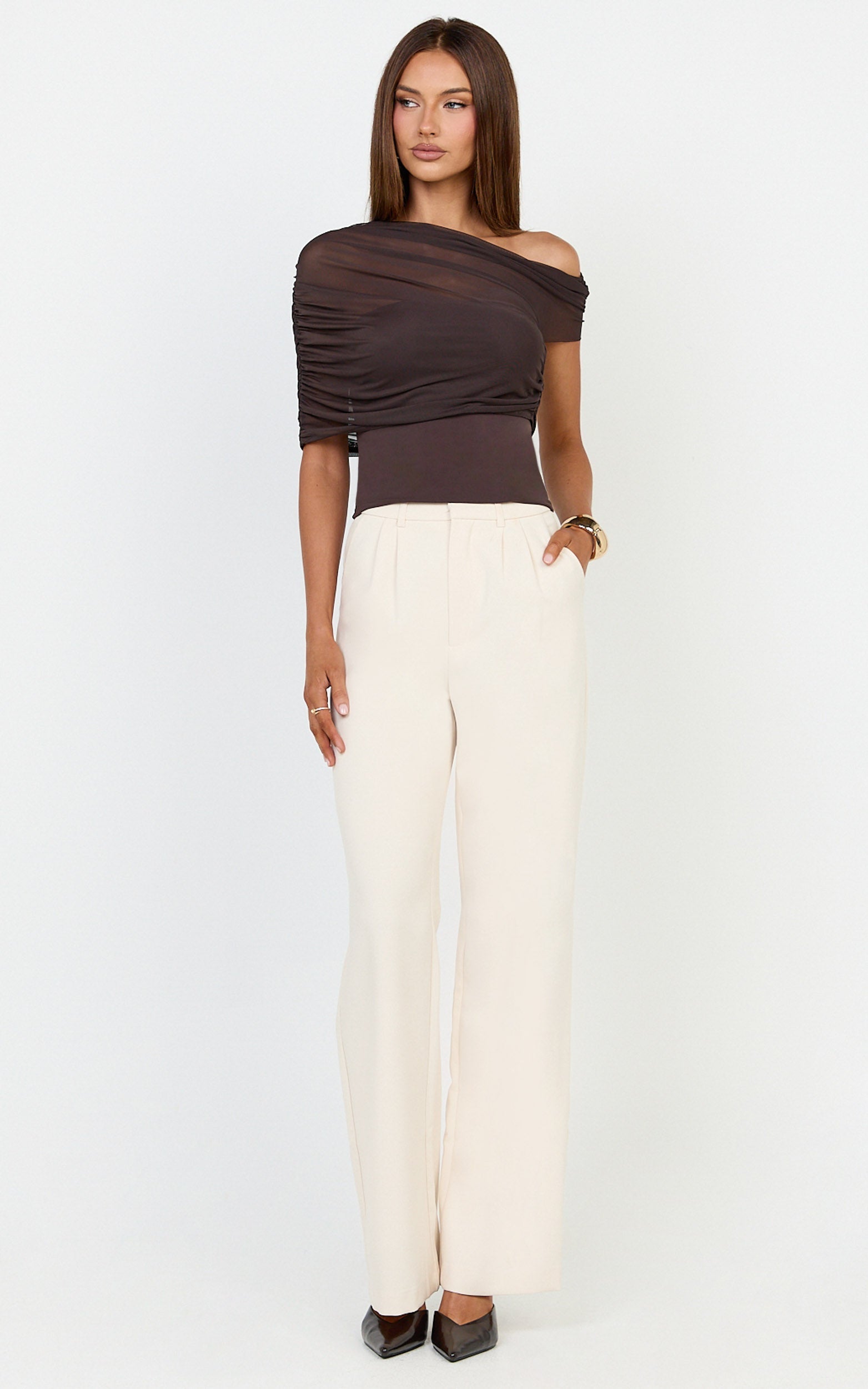 Sophia Top - Draped One Shoulder Mesh Overlay Top in Chocolate