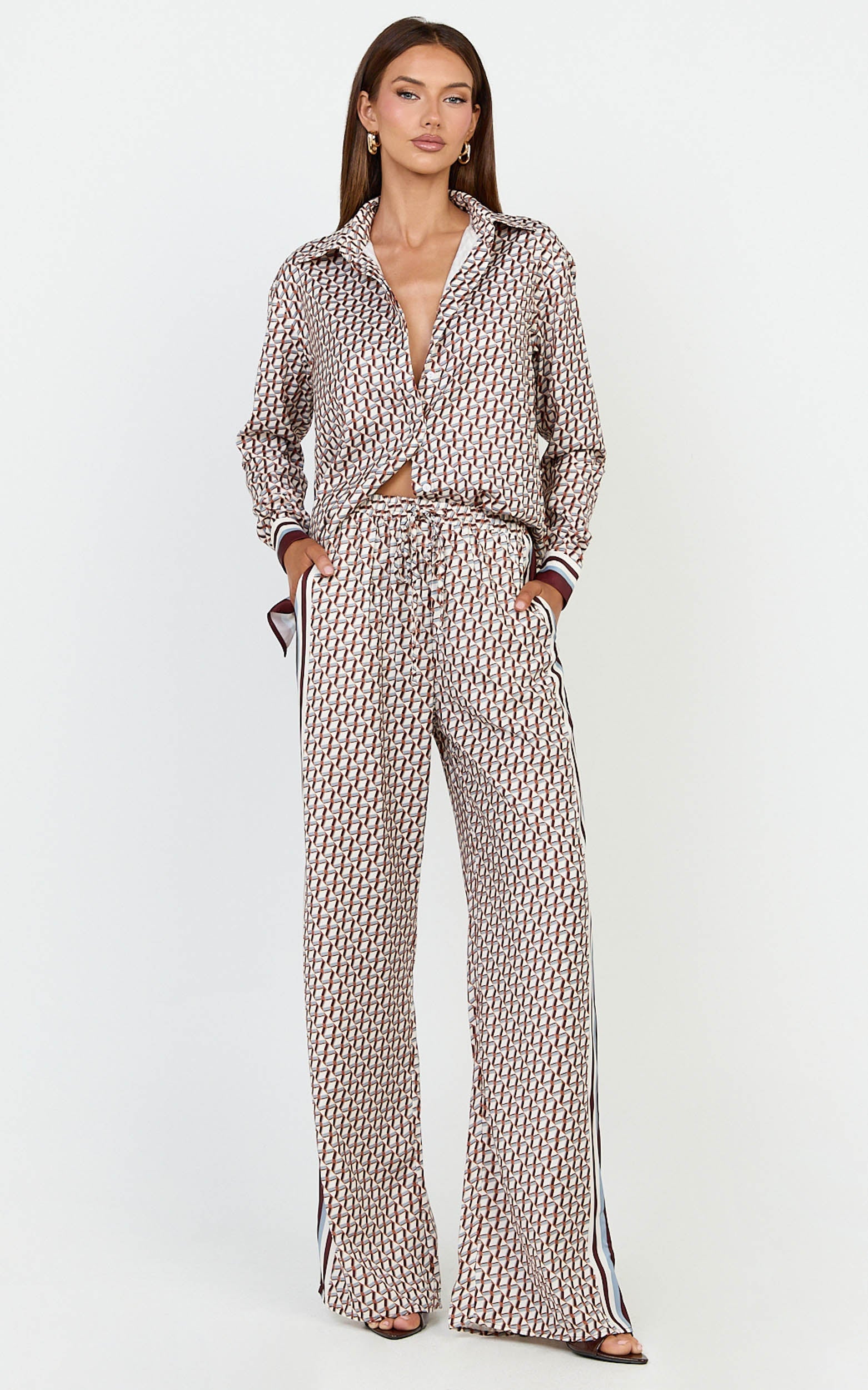 Noelle Pants- Geo Border Print High Elasticated Waist Relaxed Trousers in Geo Border Print