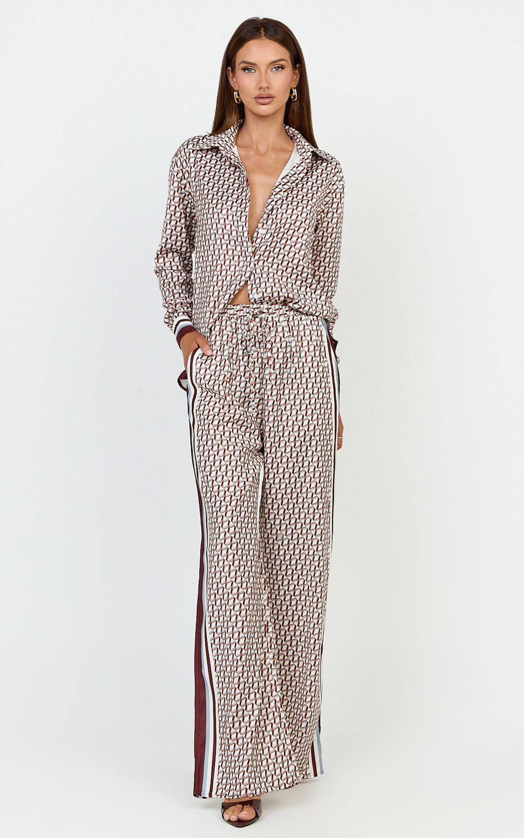 Noelle Top - Geo Border Print Button Front Long Sleeve Shirt in Multi
