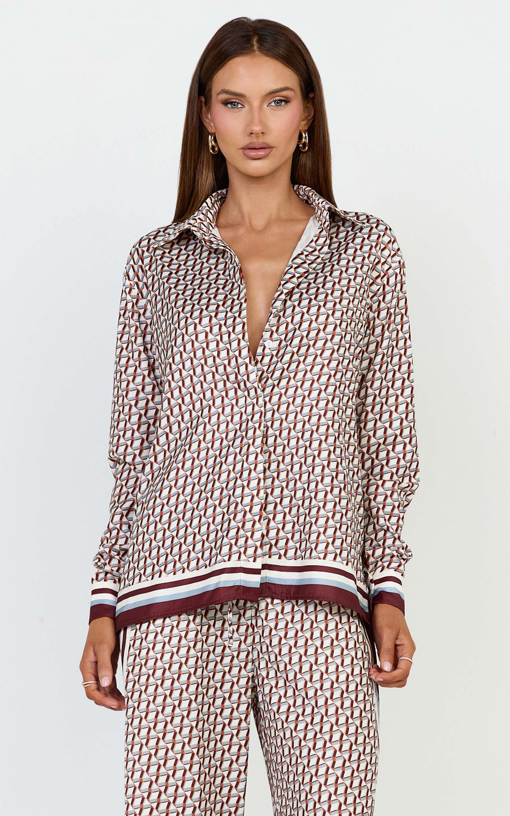 Noelle Top - Geo Border Print Button Front Long Sleeve Shirt in Multi