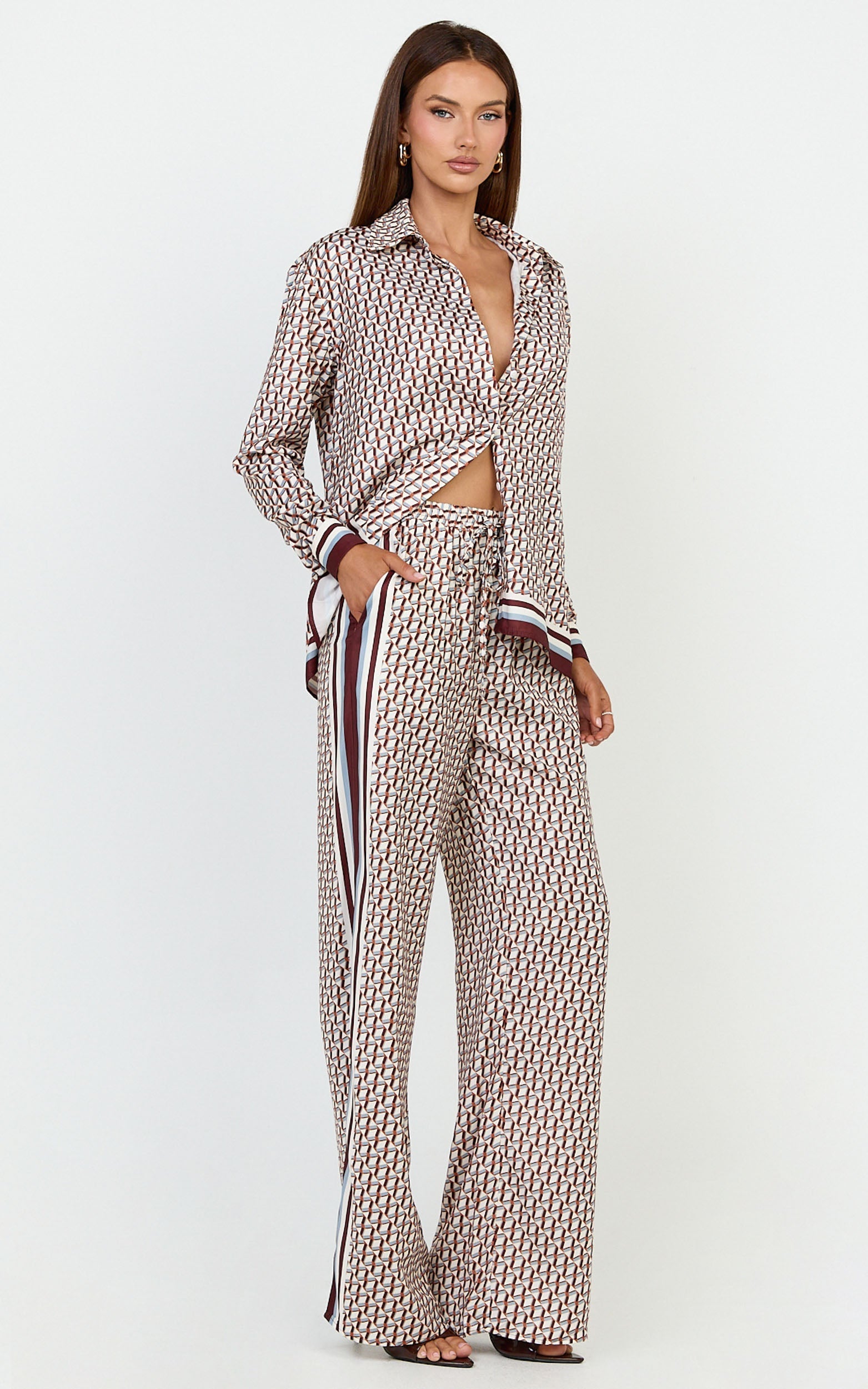 Noelle Pants- Geo Border Print High Elasticated Waist Relaxed Trousers in Geo Border Print