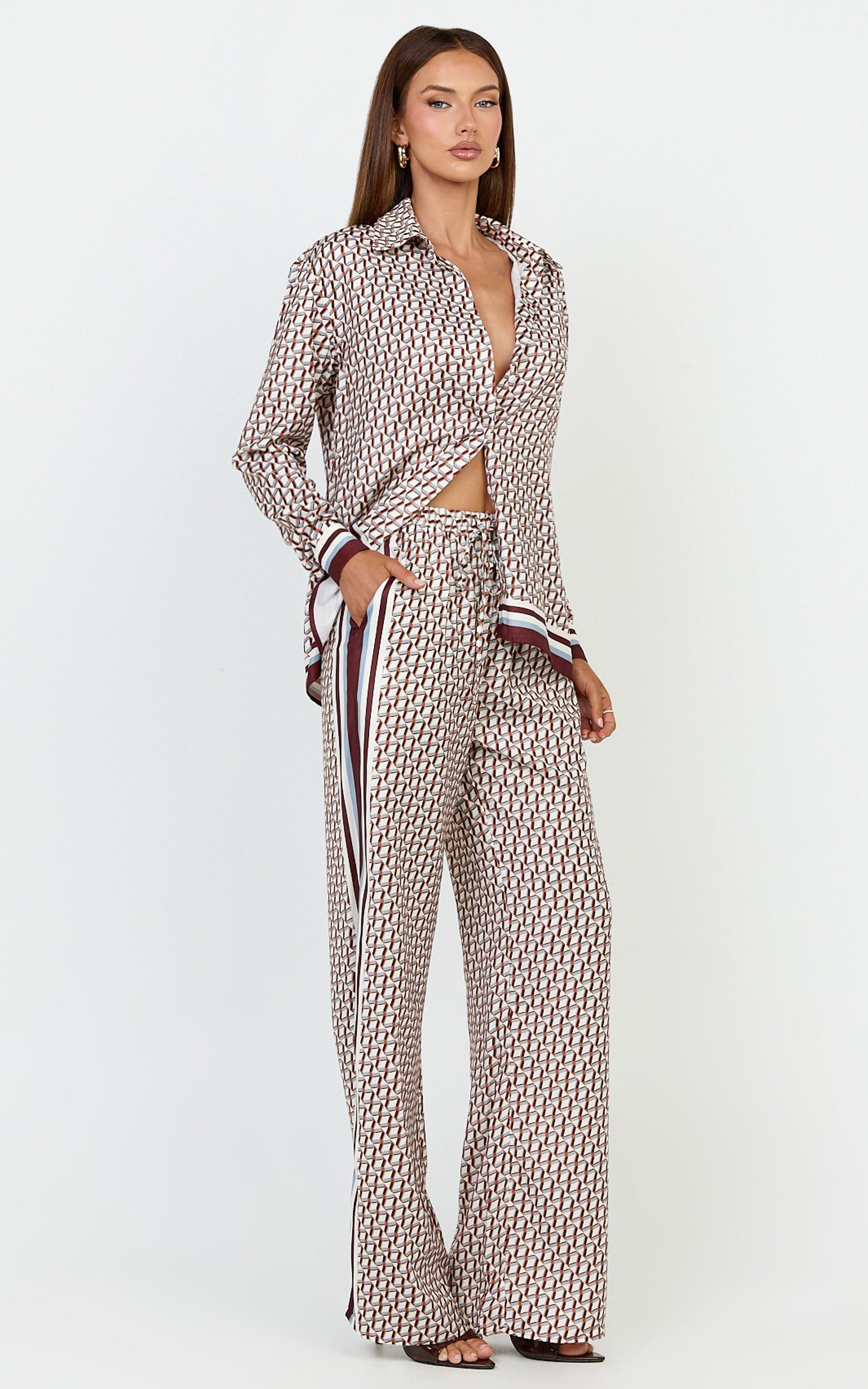 Noelle Top - Geo Border Print Button Front Long Sleeve Shirt in Multi