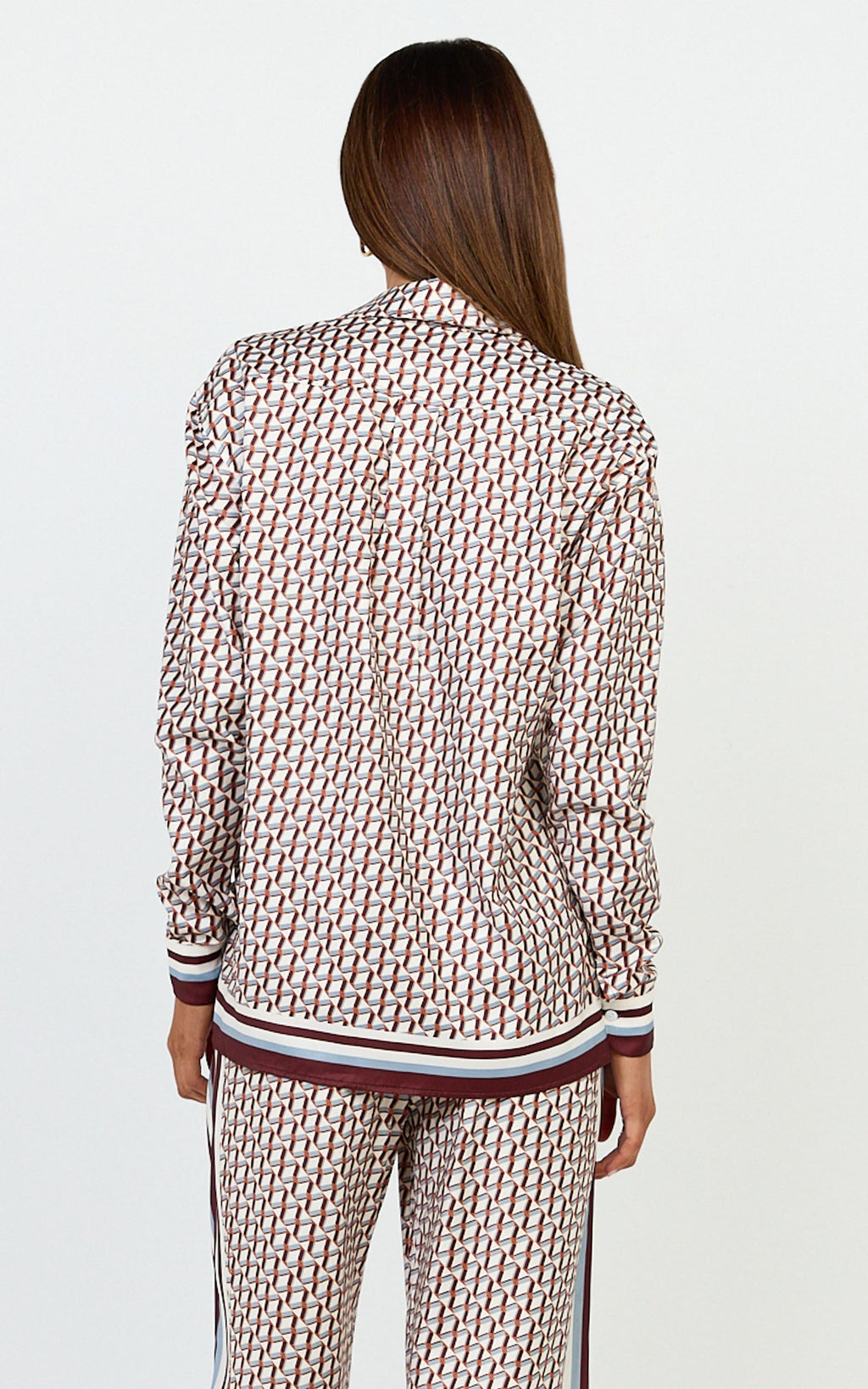Noelle Top - Geo Border Print Button Front Long Sleeve Shirt in Multi