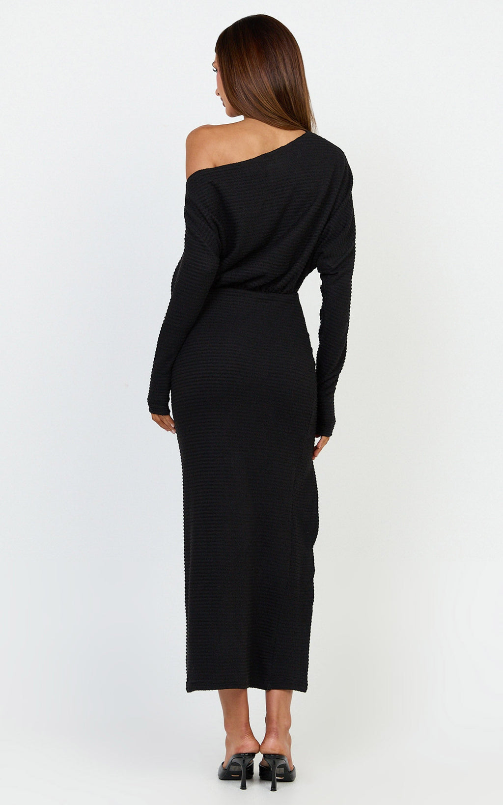 Alyce Midi Dress - Jersey Asymmetric Ruched Bodycon Dress in Black