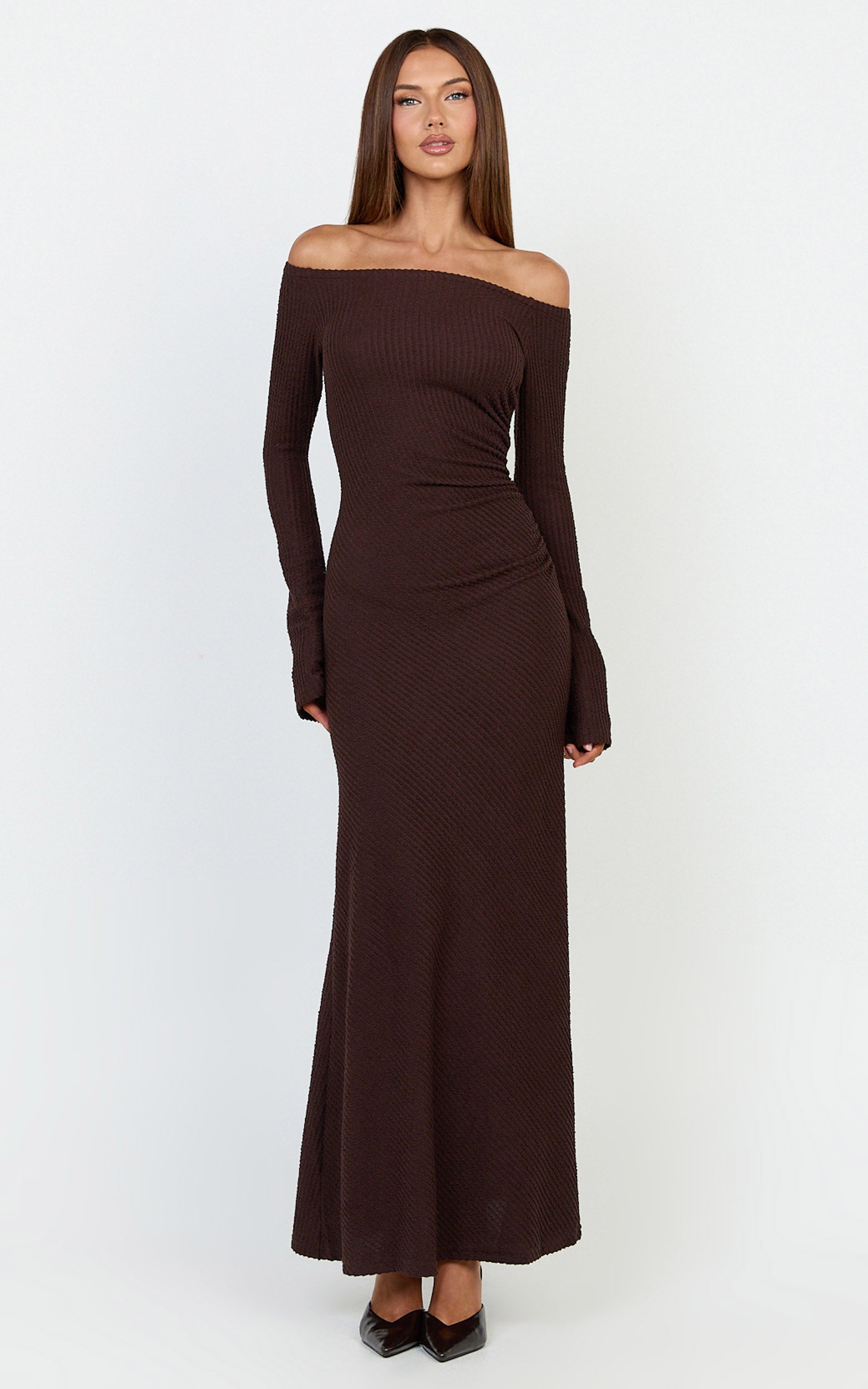 Ayla Maxi Dress - Off Shoulder Flared Sleeve Bodycon Dress in Chocolate