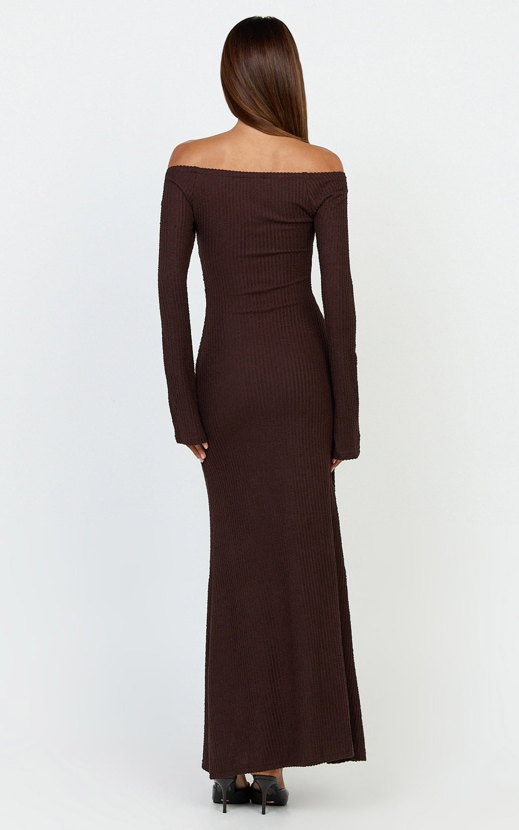 Ayla Maxi Dress - Off Shoulder Flared Sleeve Bodycon Dress in Chocolate