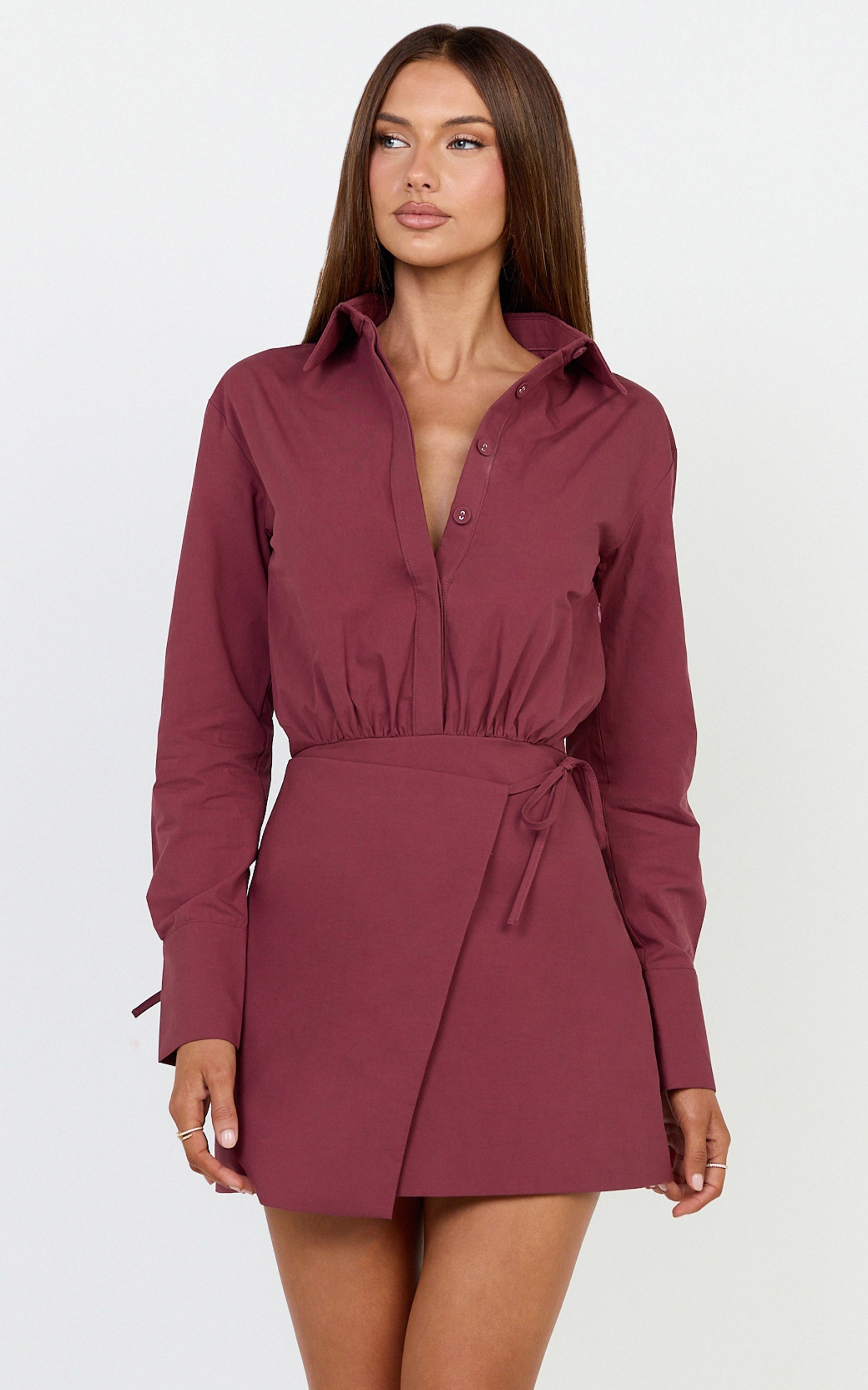 Heath Mini Dress - Collared Button Up Shirt Dress in Wine