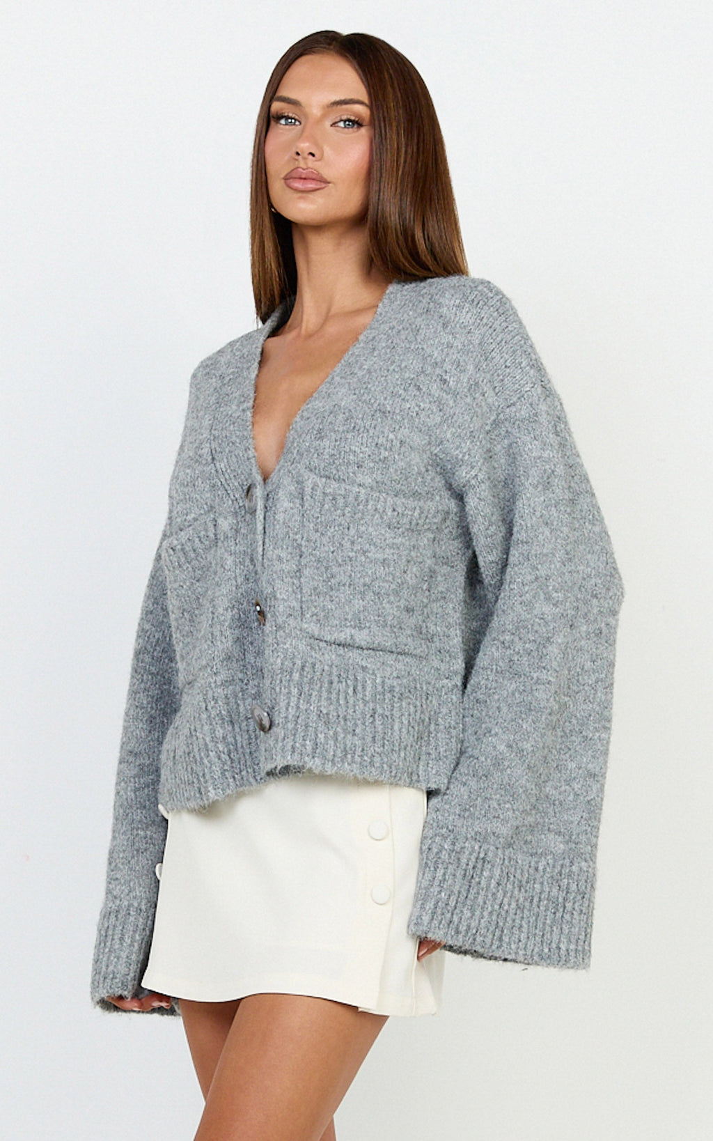 Becka Cardigan - Oversized Recycled Knitted Button Through Cardigan in Grey