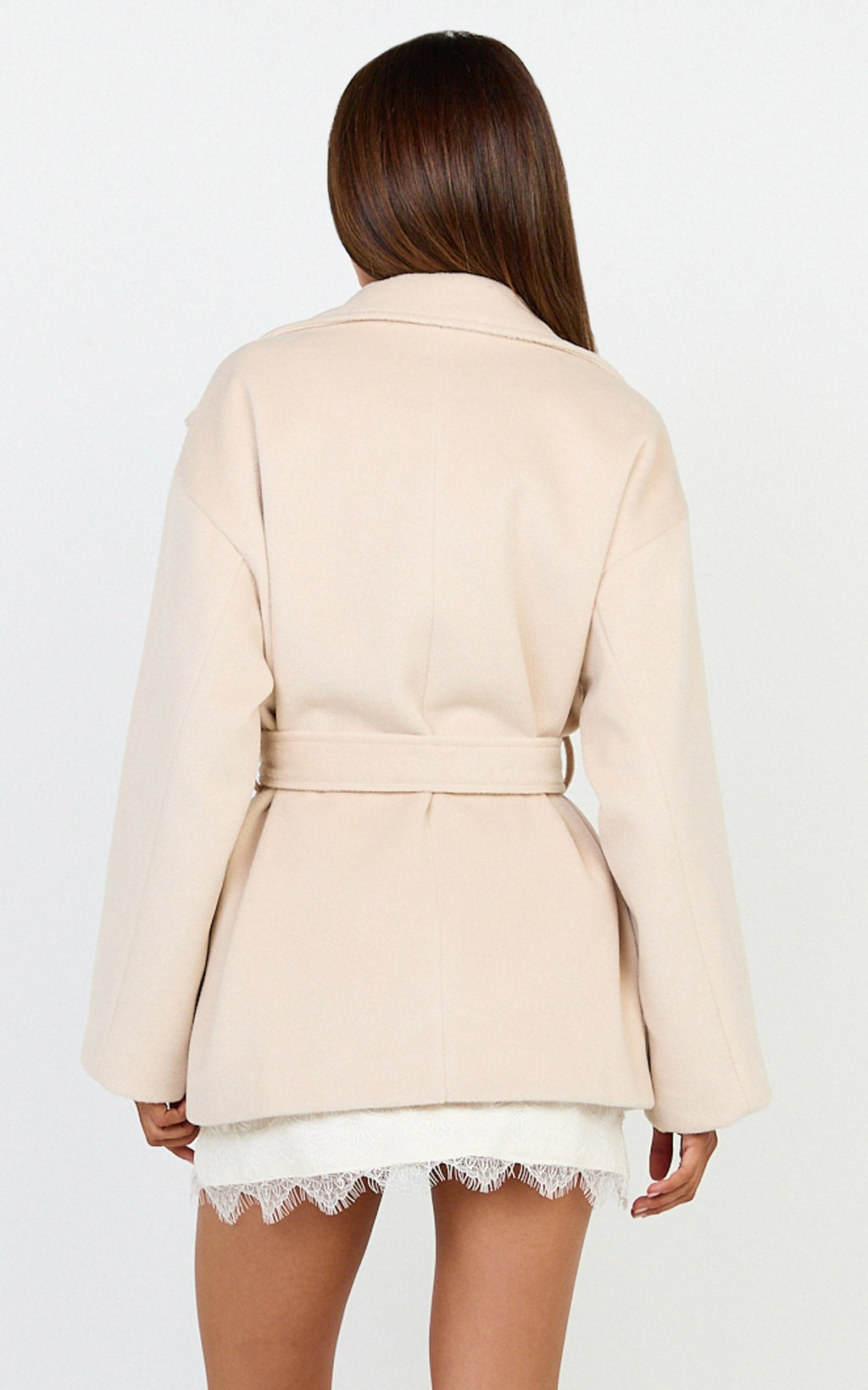 Dahlia Coat - Single Breasted Belted Short Wool Like Coat in Beige