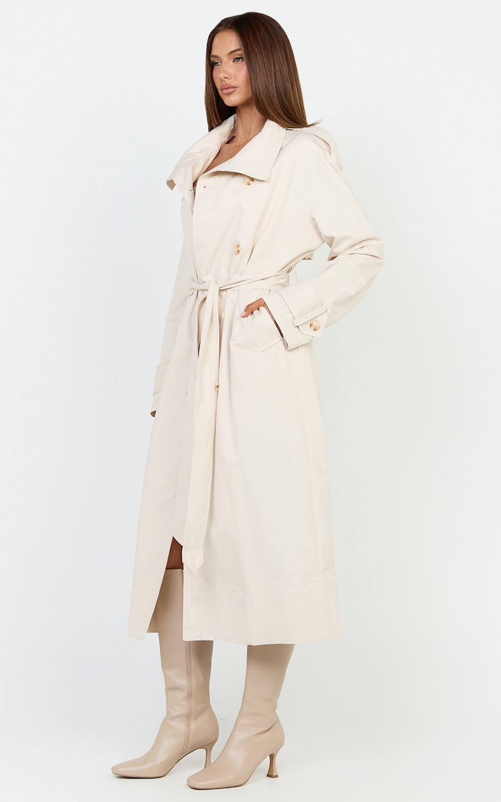 Isla Coat - Funnel Neck Double Breasted Longline Trench Coat in Stone