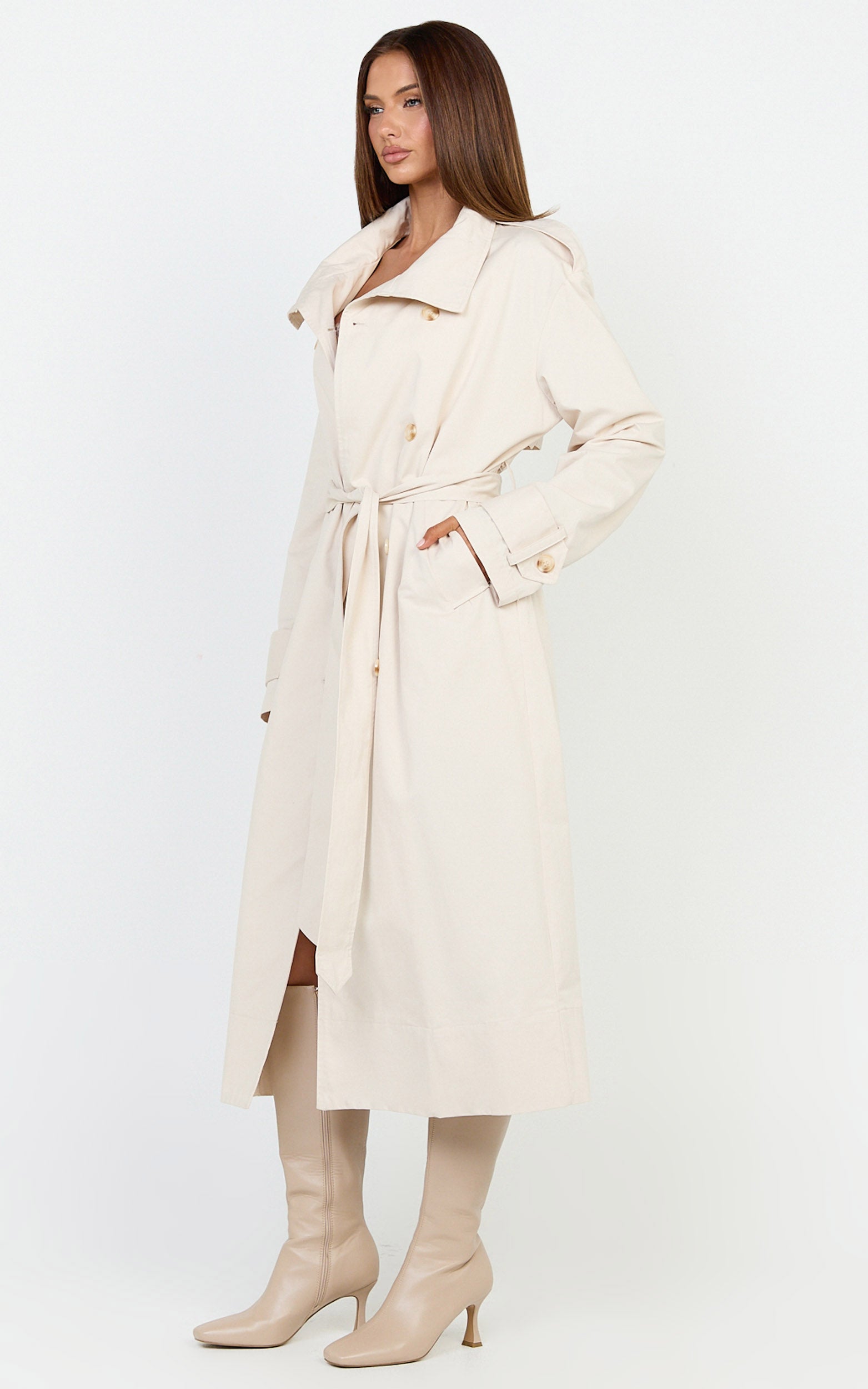 Isla Coat - Funnel Neck Double Breasted Longline Trench Coat in Stone