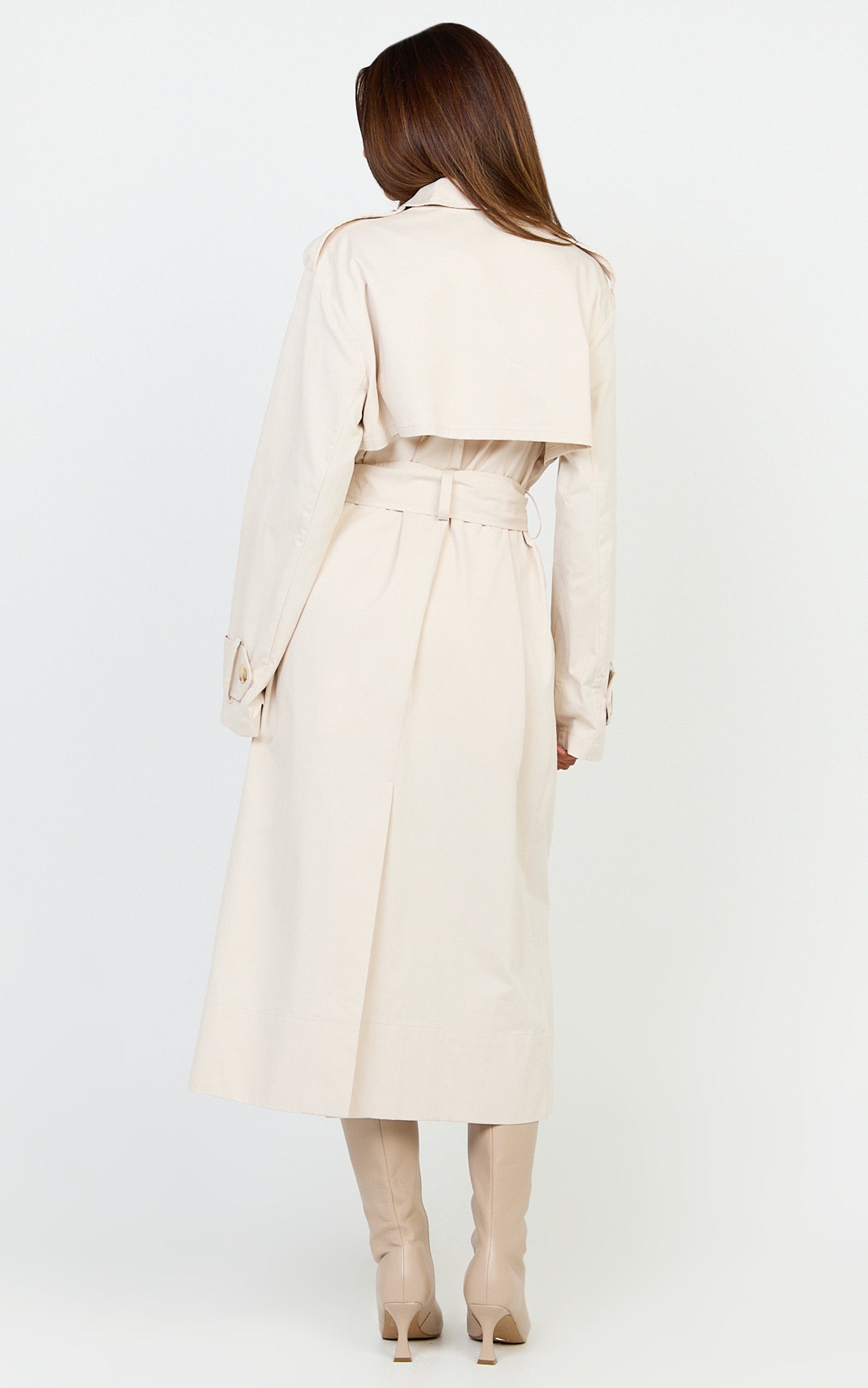 Isla Coat - Funnel Neck Double Breasted Longline Trench Coat in Stone