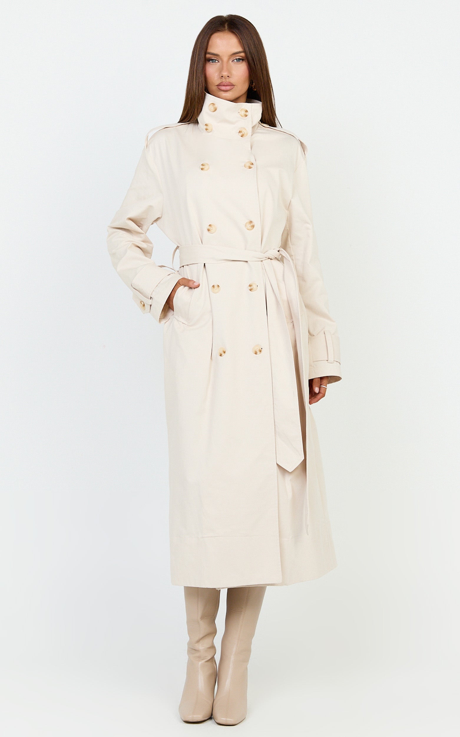 Isla Coat - Funnel Neck Double Breasted Longline Trench Coat in Stone