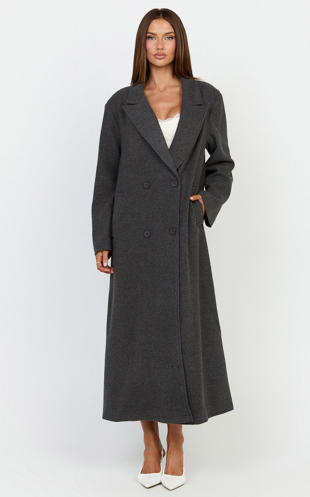 Eloise Coat - Oversized Longline Tailored Coat in Grey Marle