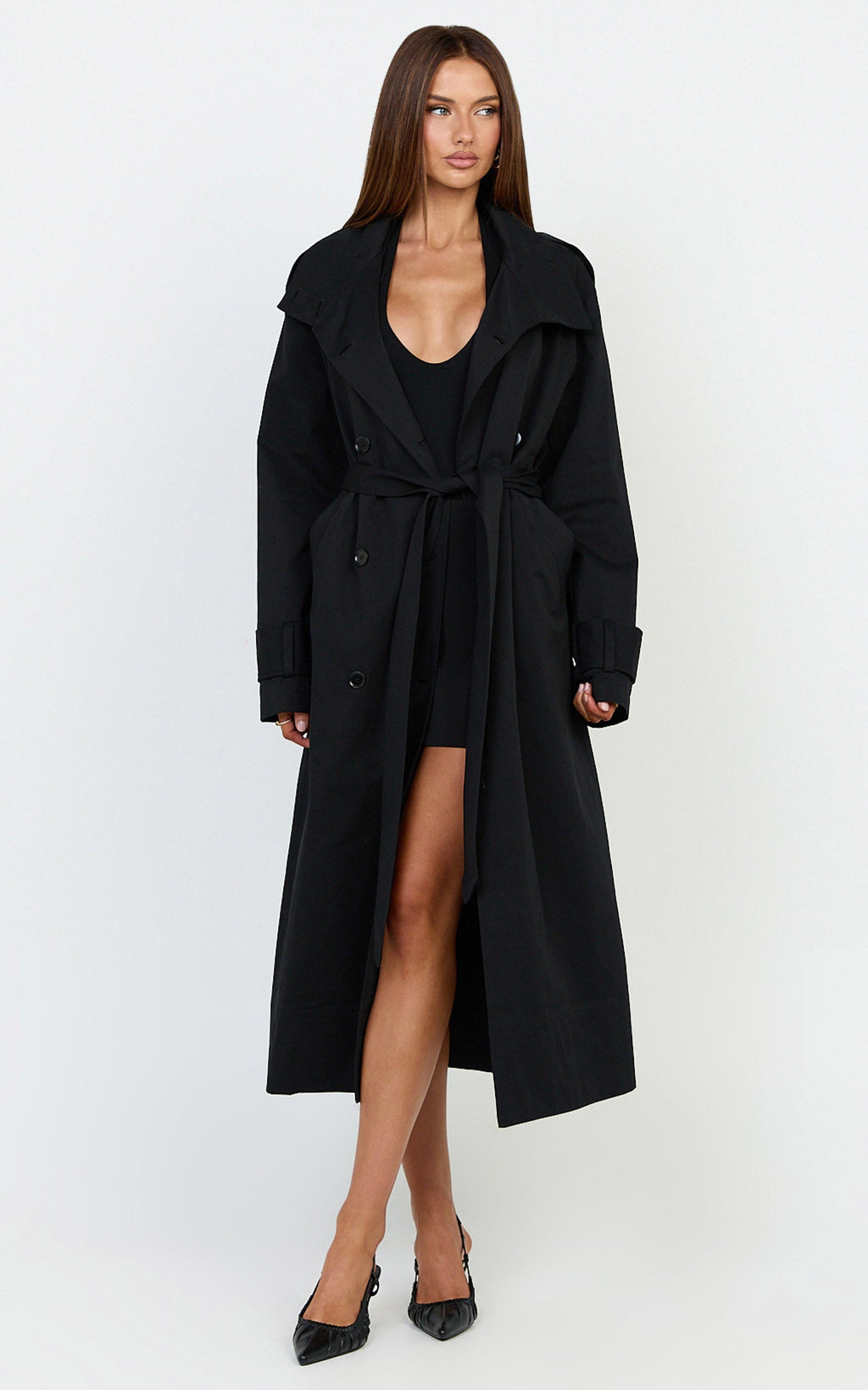 Isla Coat - Funnel Neck Double Breasted Longline Trench Coat in Black