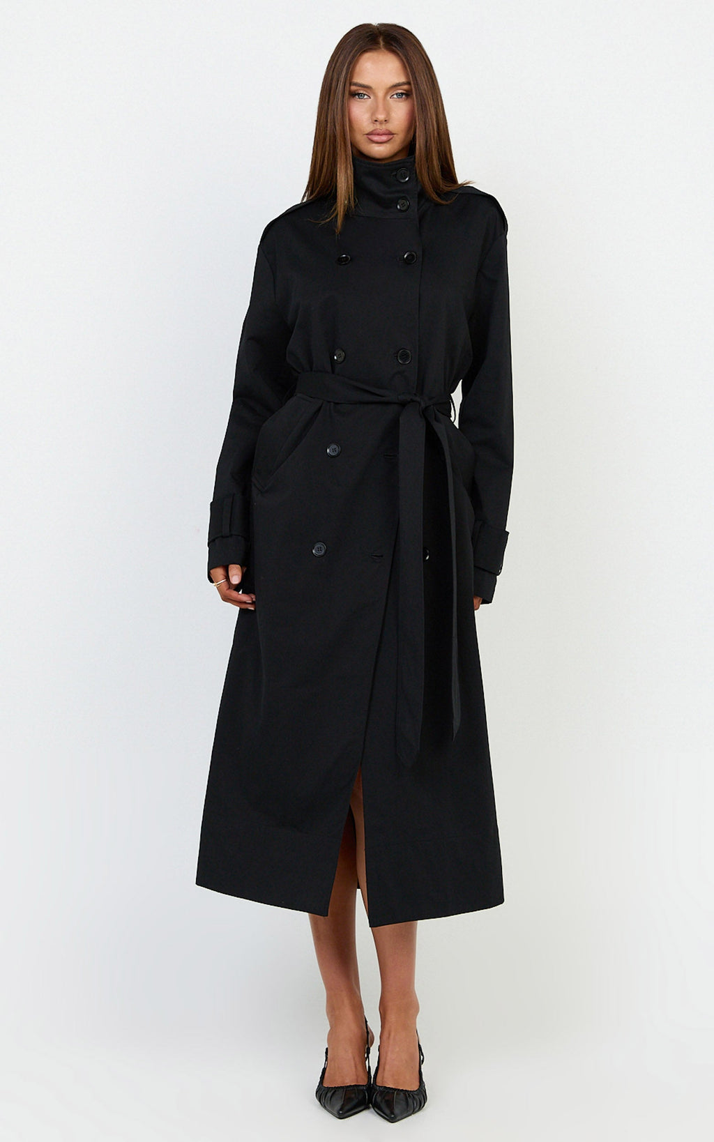 Isla Coat - Funnel Neck Double Breasted Longline Trench Coat in Black