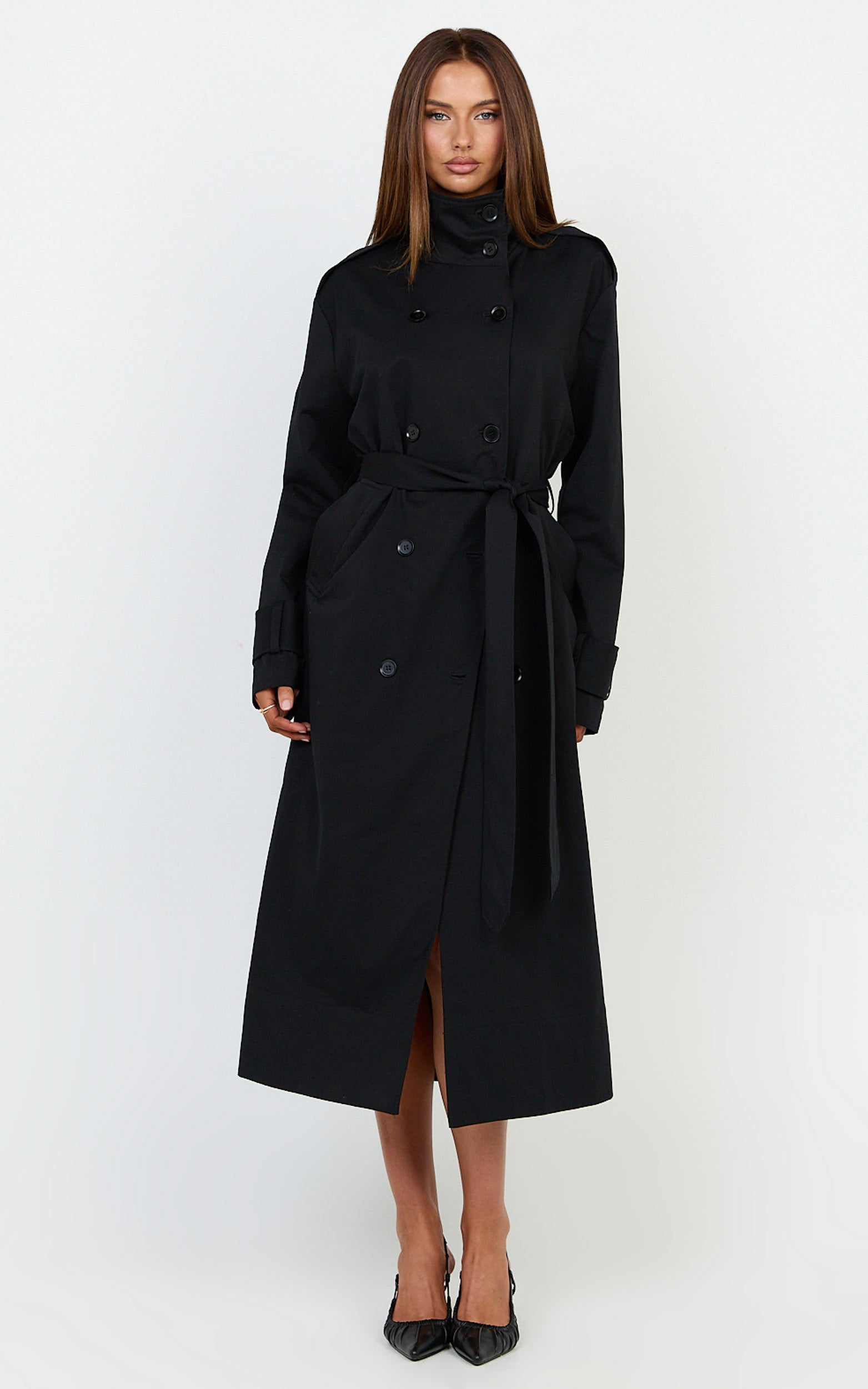 Isla Coat - Funnel Neck Double Breasted Longline Trench Coat in Black