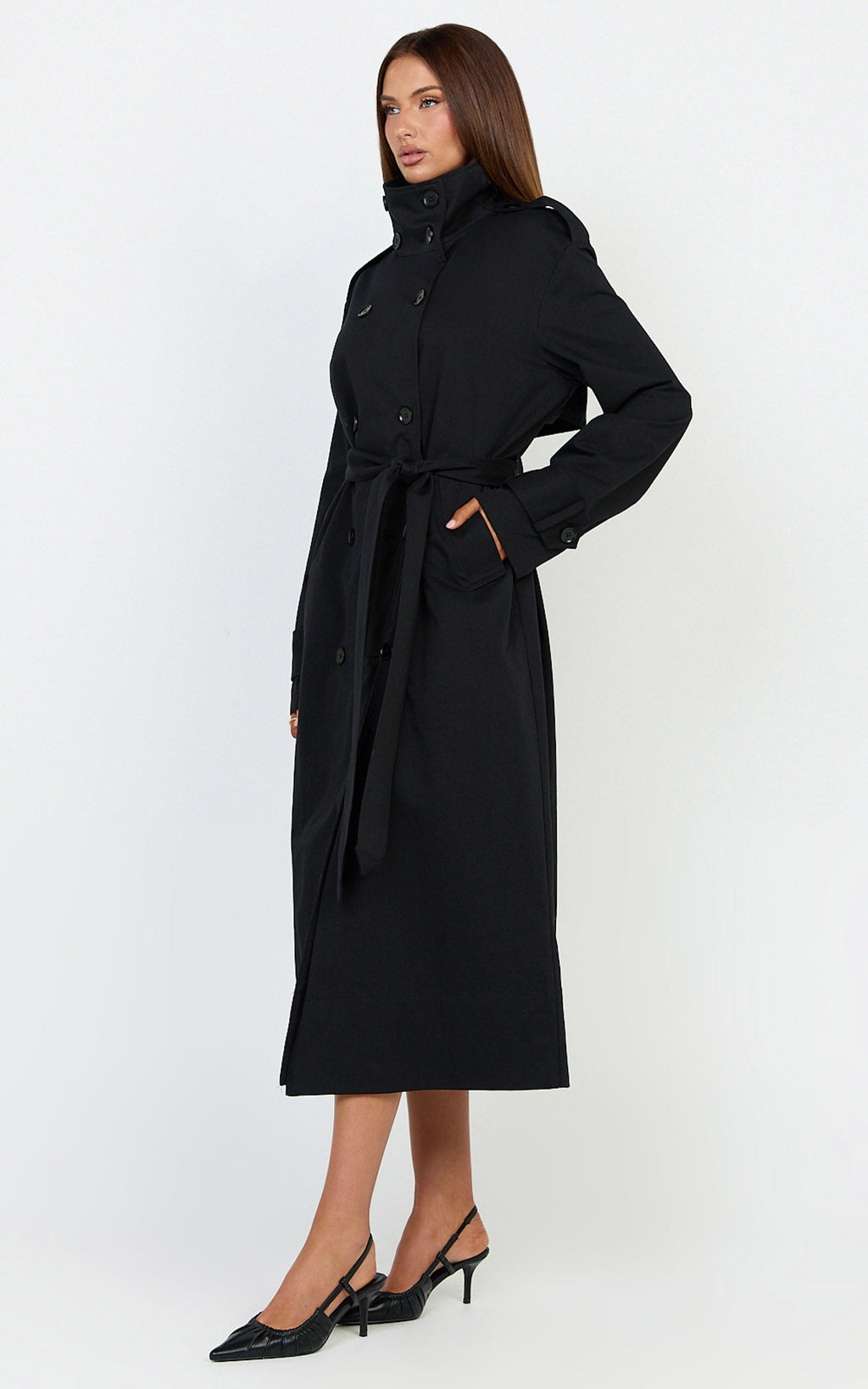 Isla Coat - Funnel Neck Double Breasted Longline Trench Coat in Black