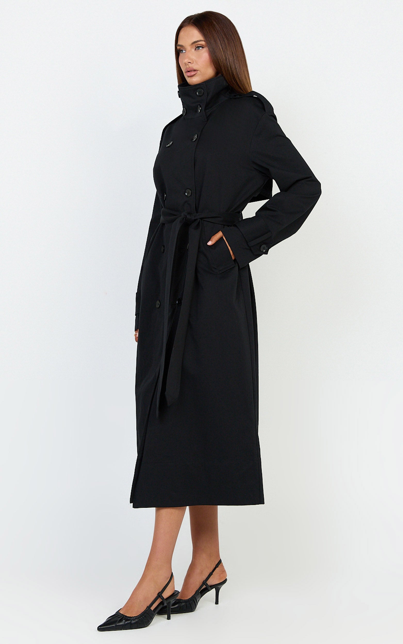 Isla Coat - Funnel Neck Double Breasted Longline Trench Coat in Black