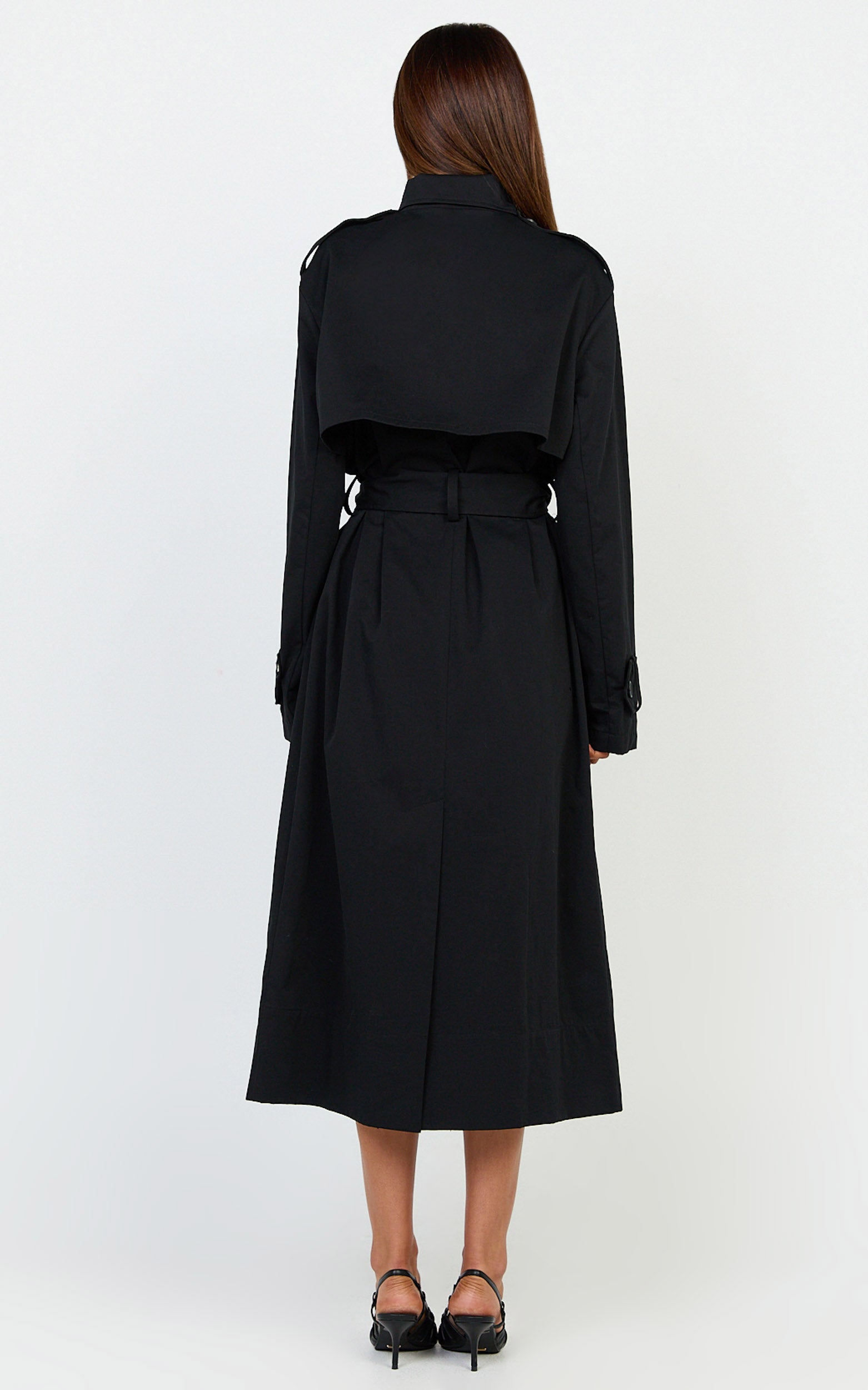 Isla Coat - Funnel Neck Double Breasted Longline Trench Coat in Black