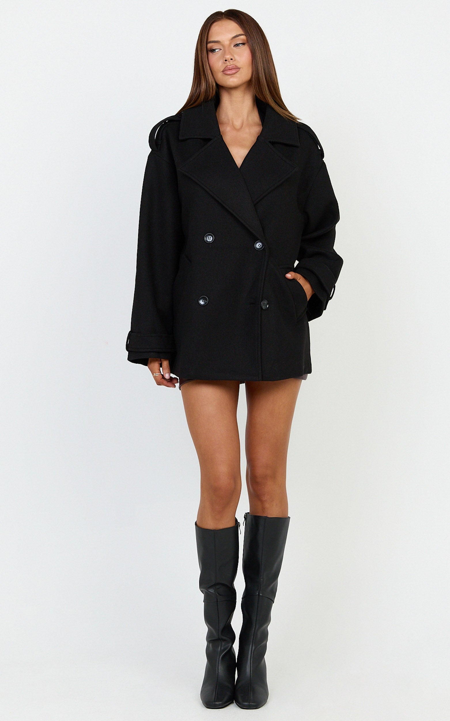Saskia Coat - Double Breasted Short Wool Like Coat in Black