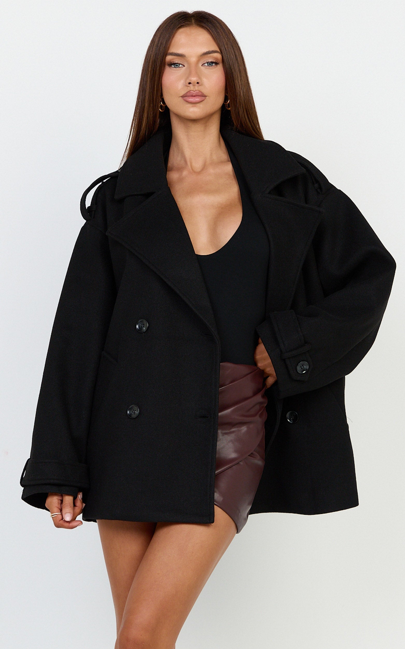 Saskia Coat - Double Breasted Short Wool Like Coat in Black
