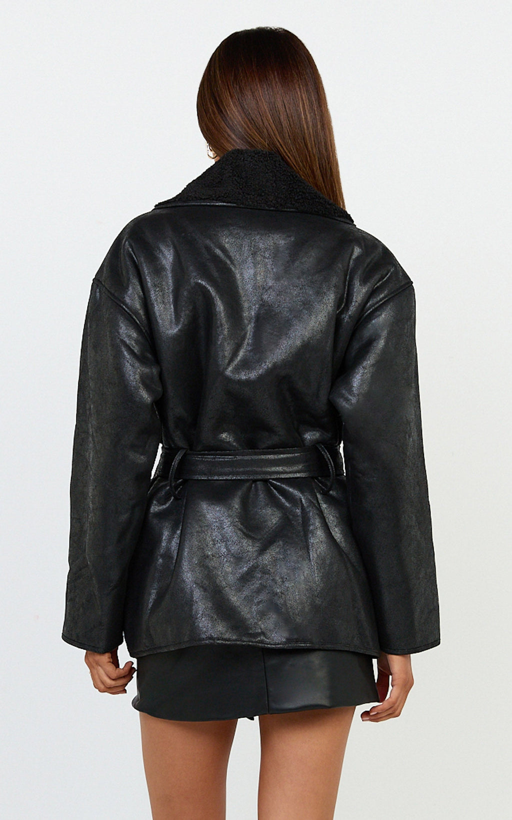 Esme Coat - Double Breasted Belted Faux Leather Faux Fur Lined Jacket in Black