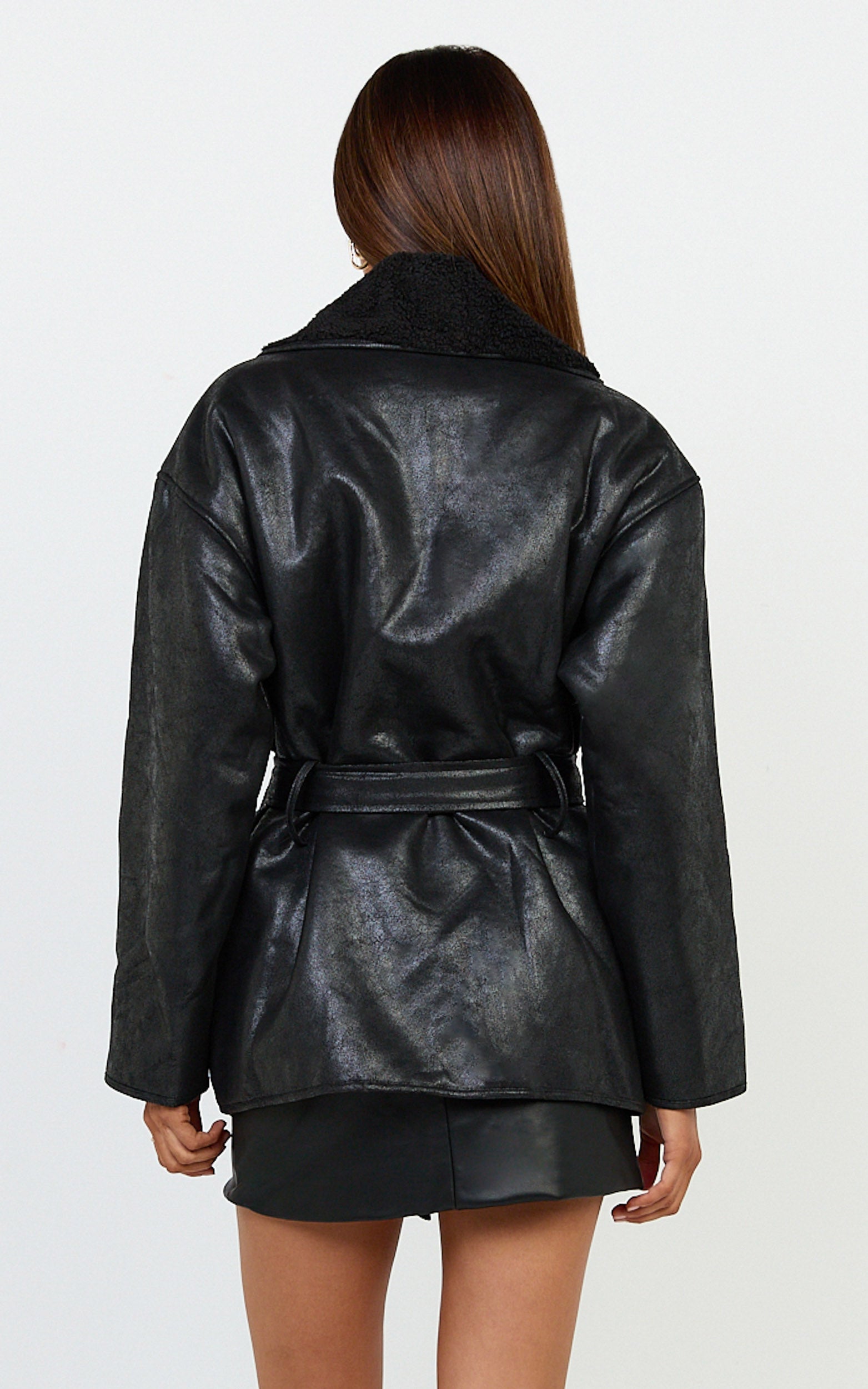 Esme Coat - Double Breasted Belted Faux Leather Faux Fur Lined Jacket in Black