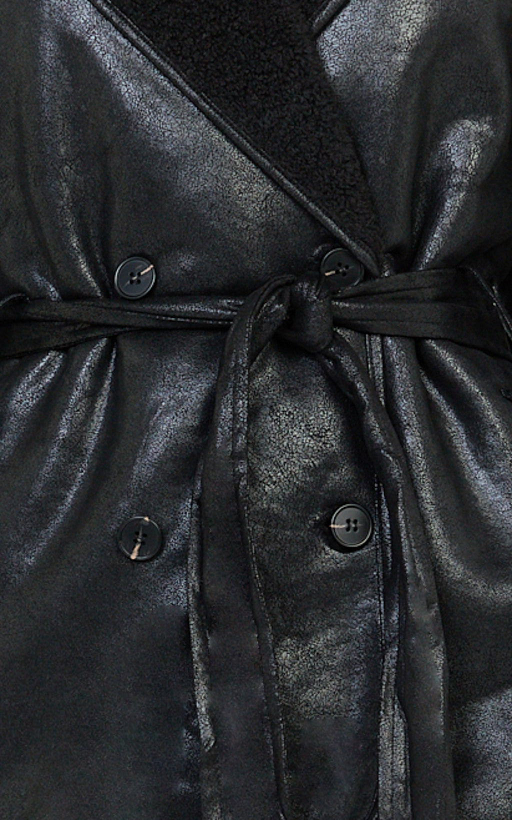 Esme Coat - Double Breasted Belted Faux Leather Faux Fur Lined Jacket in Black