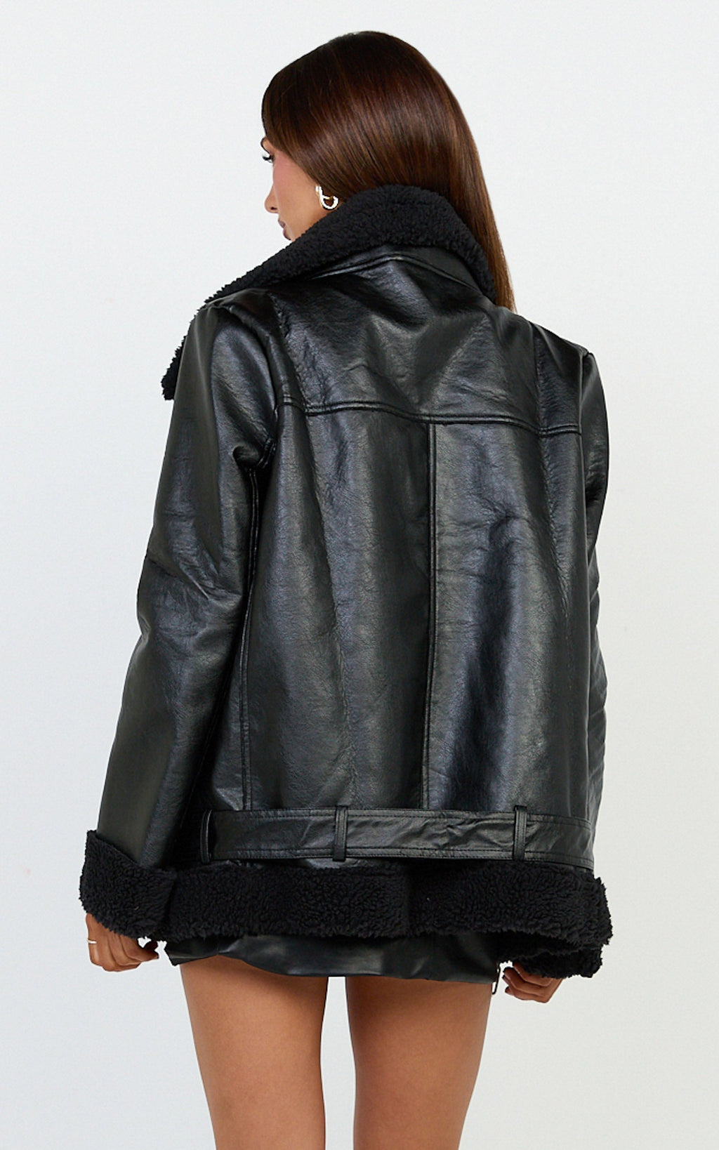 Isolde Jacket - Faux Leather Shearling Biker Jacket in Black Base with Black Borg