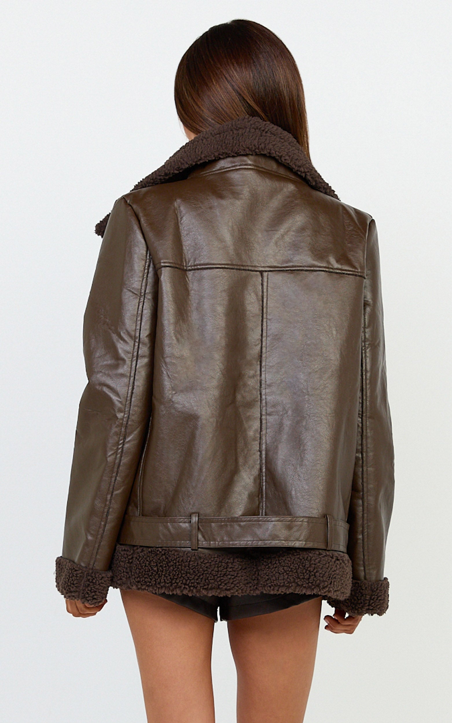 Isolde Jacket - Faux Leather Shearling Biker Jacket in Dark Chocolate