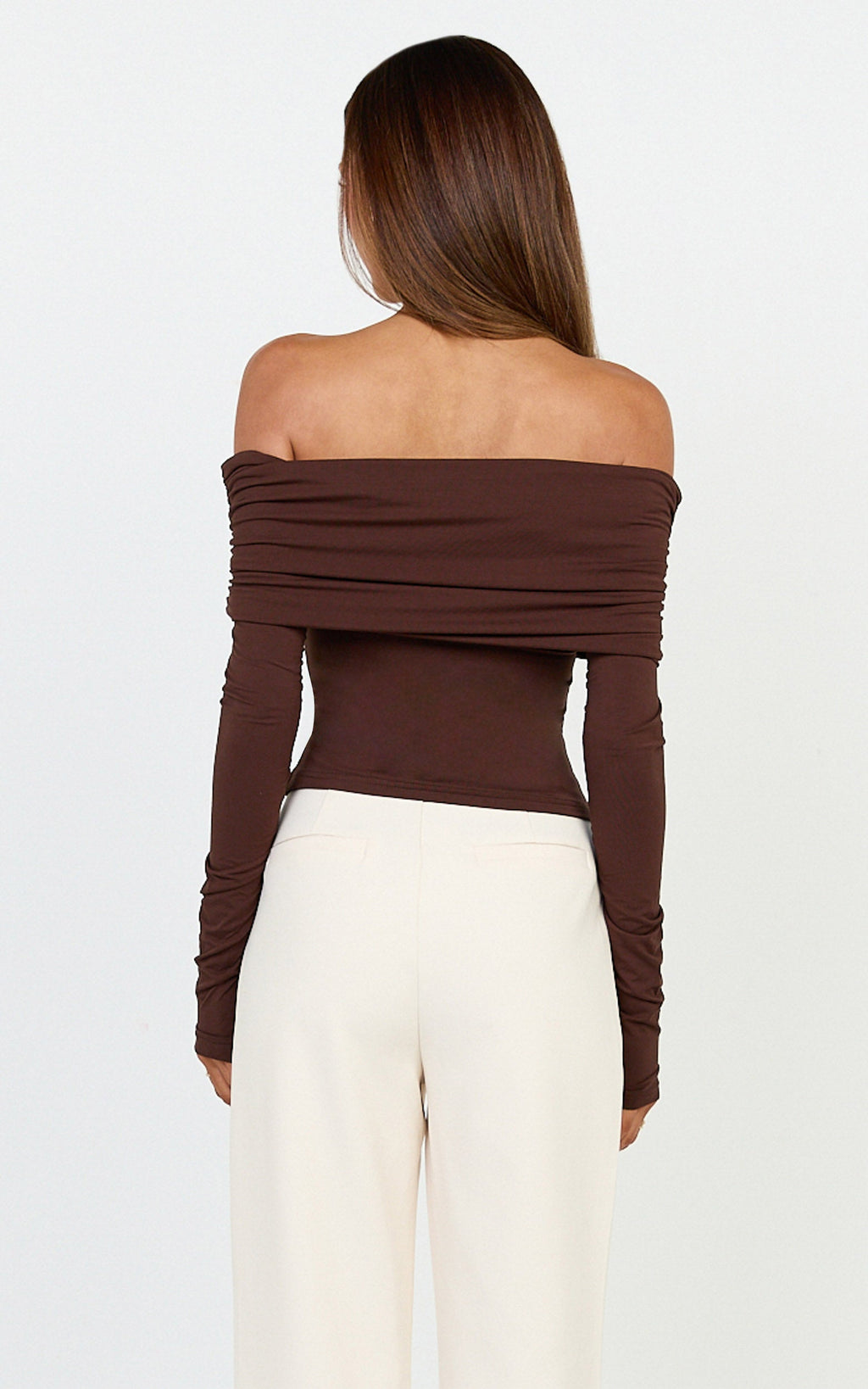 Jolie Top - Off Shoulder Long Sleeve Gathered Top in Chocolate