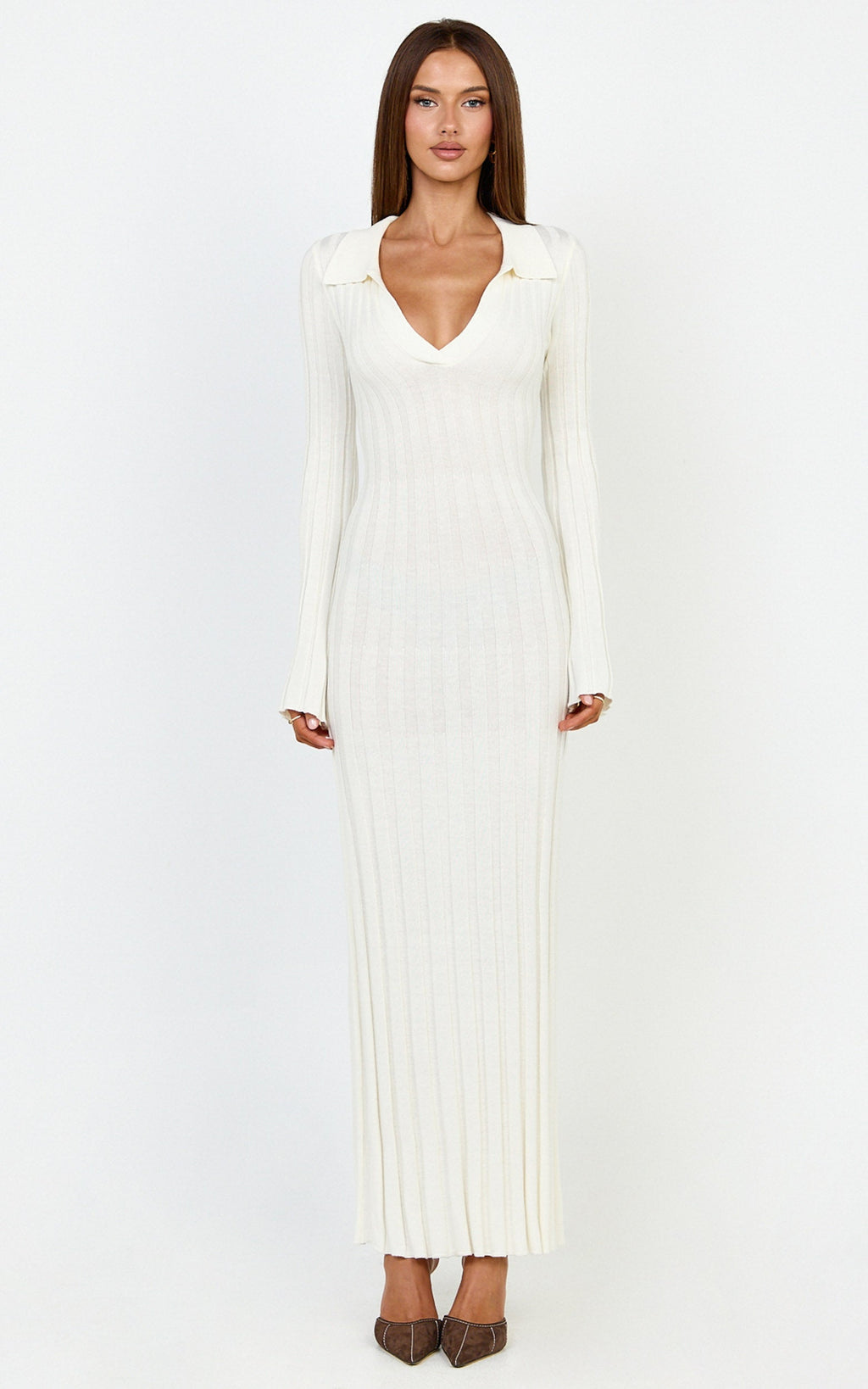 Pamela Midi Dress - Ribbed Knit Poli Midi Dress in Off White