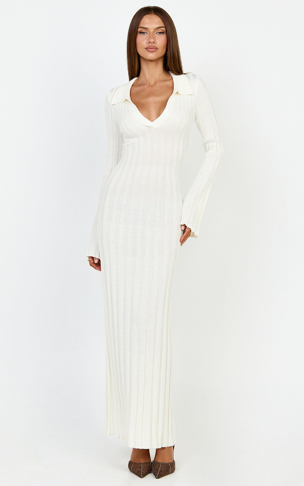 Pamela Midi Dress - Ribbed Knit Poli Midi Dress in Off White