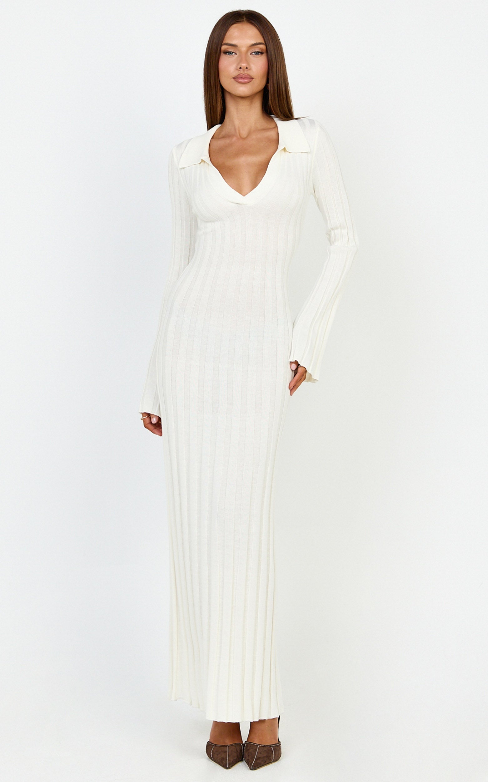 Pamela Midi Dress - Ribbed Knit Poli Midi Dress in Off White