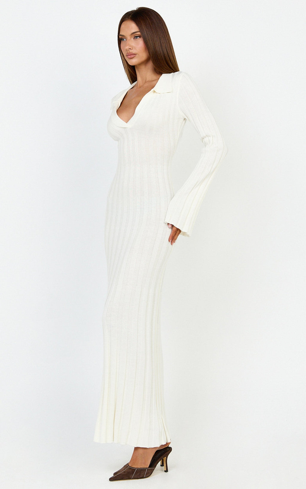 Pamela Midi Dress - Ribbed Knit Poli Midi Dress in Off White