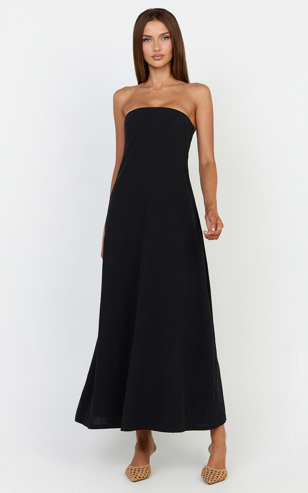 Emmie Midi Dress - Strapless Trapeze Dress in Black