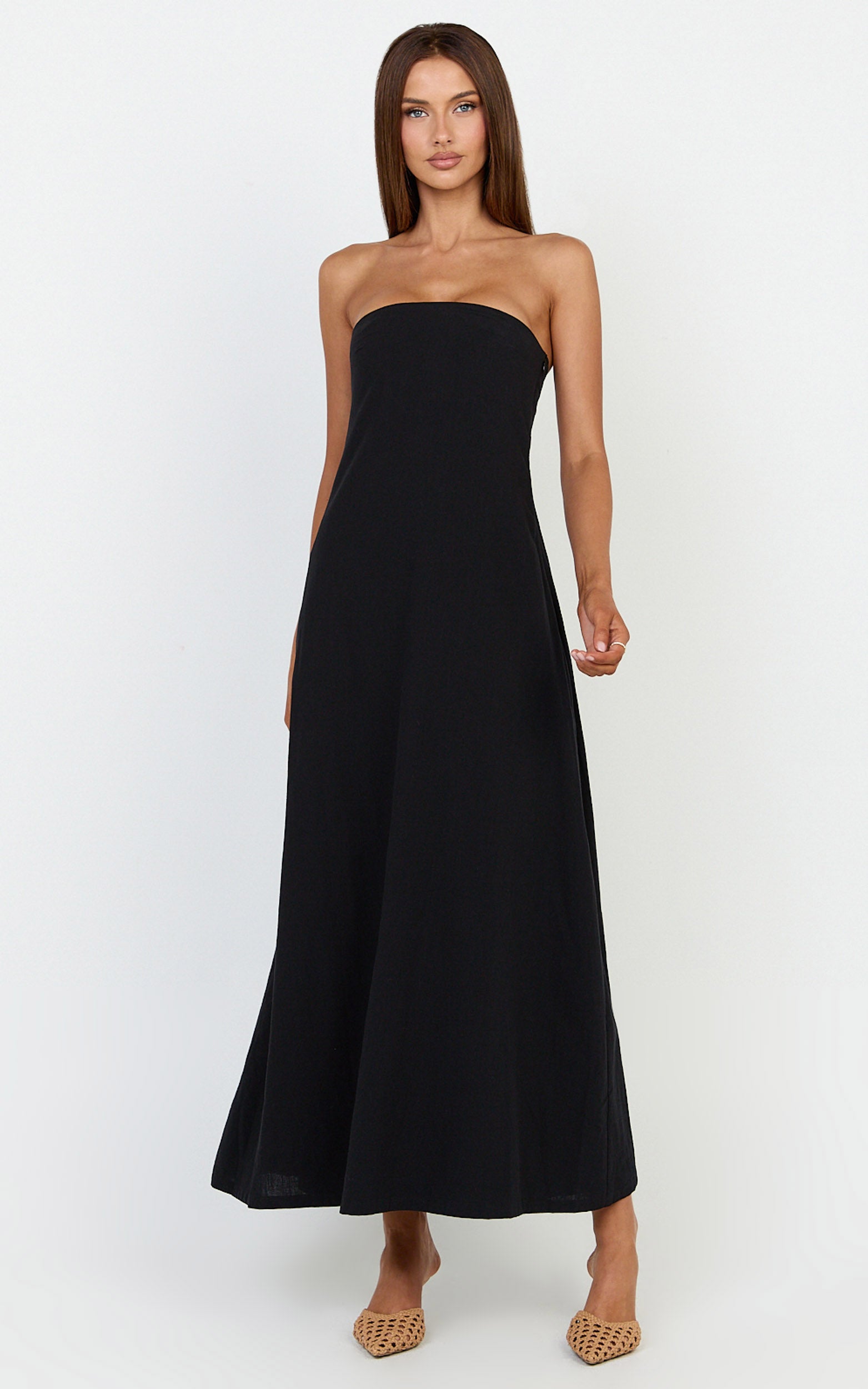 Emmie Midi Dress - Strapless Trapeze Dress in Black