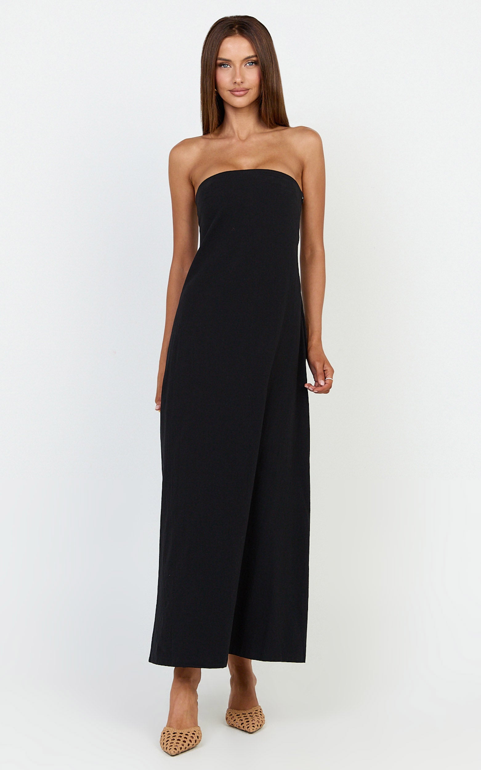 Emmie Midi Dress - Strapless Trapeze Dress in Black