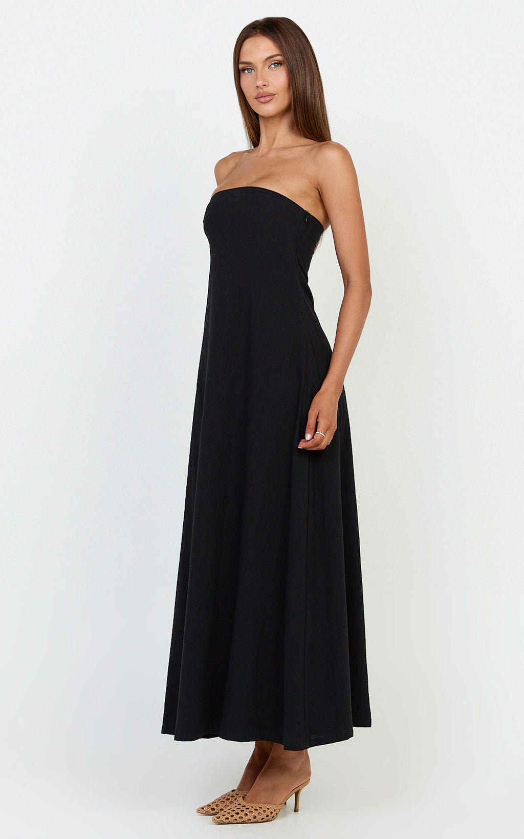 Emmie Midi Dress - Strapless Trapeze Dress in Black