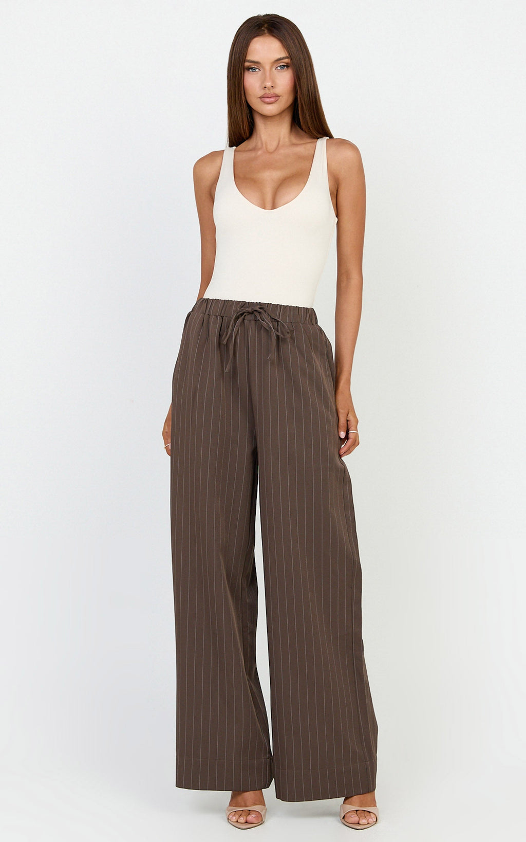 Amara Pants - High Waist Wide Leg Stripe Pants in Chocolate