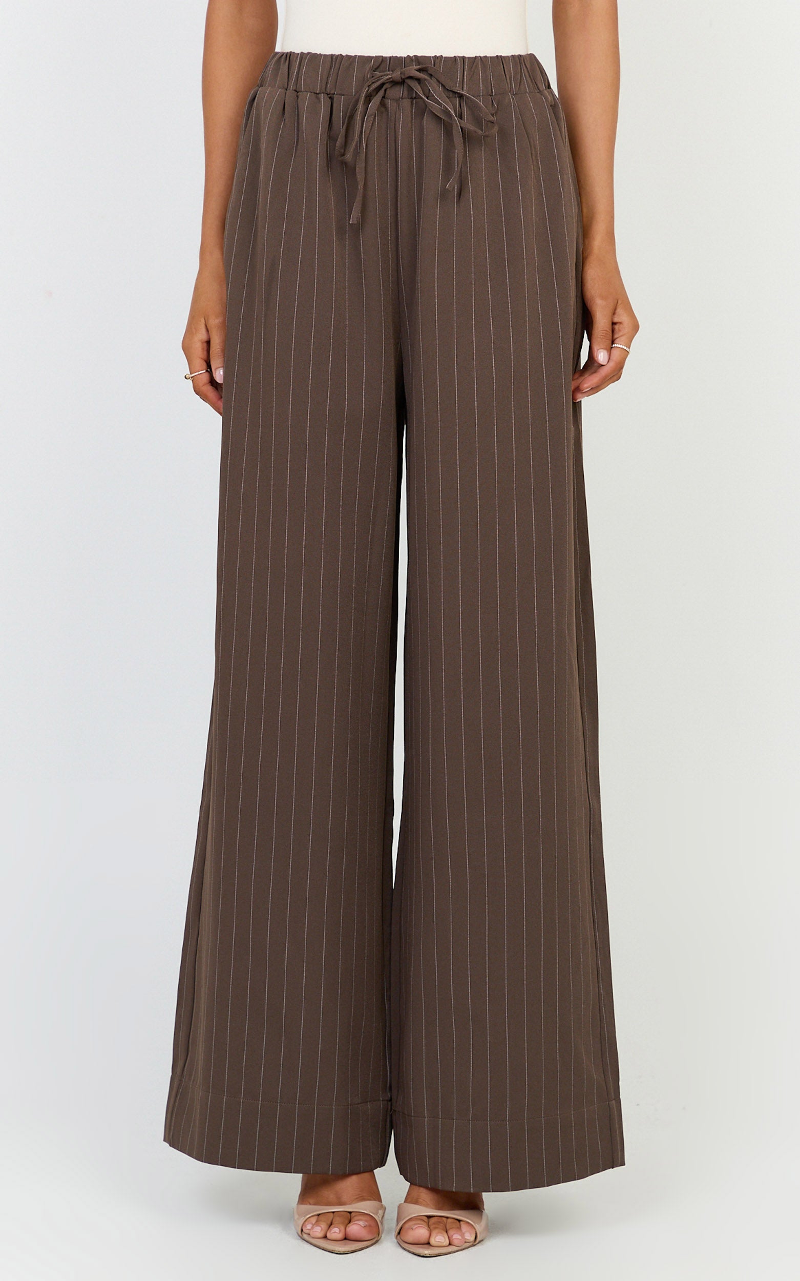 Amara Pants - High Waist Wide Leg Stripe Pants in Chocolate