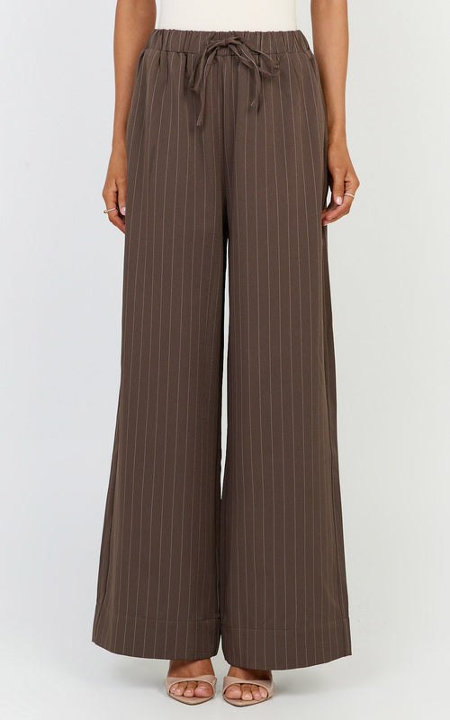 Amara Pants - High Waist Wide Leg Stripe Pants in Chocolate