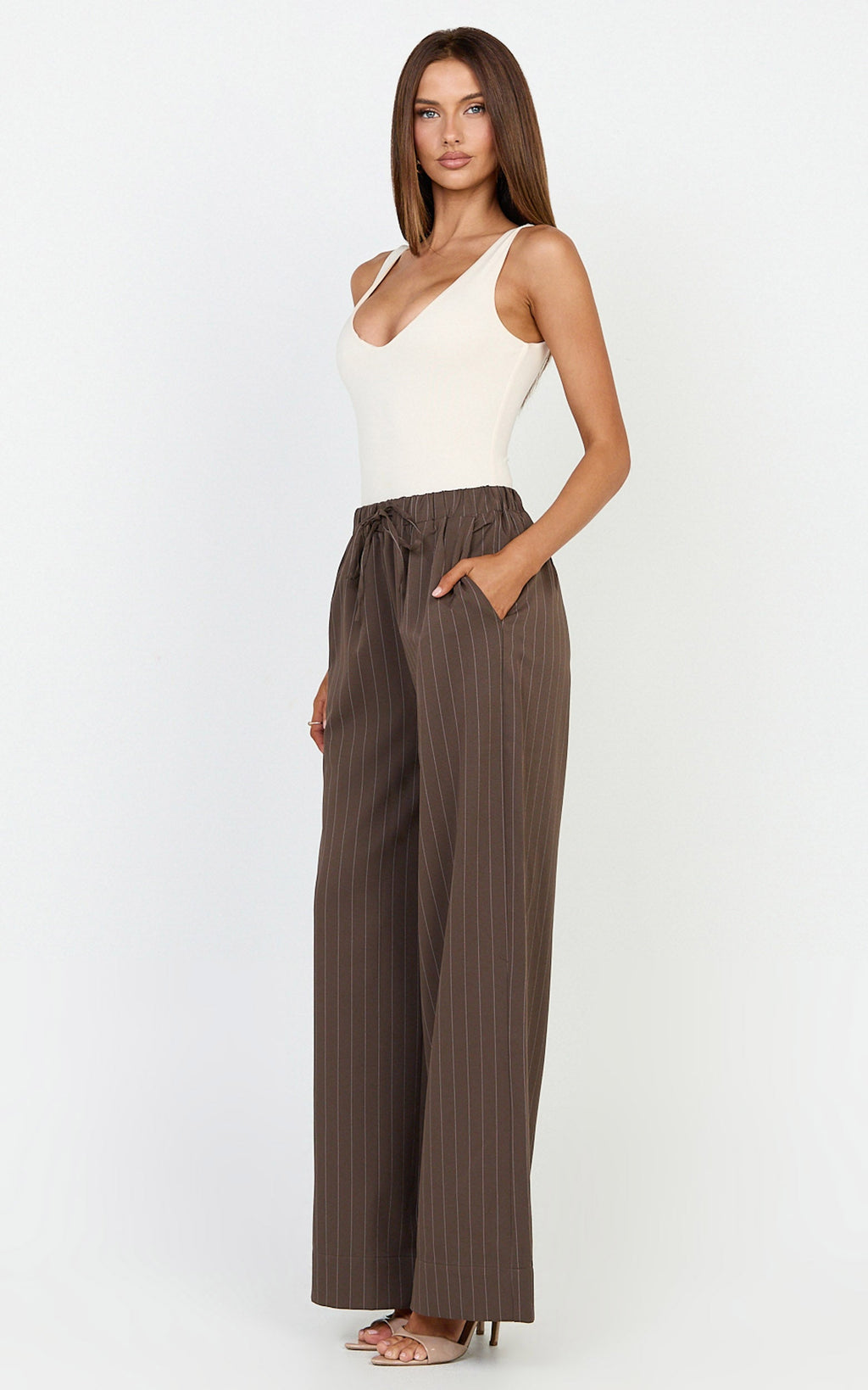 Amara Pants - High Waist Wide Leg Stripe Pants in Chocolate