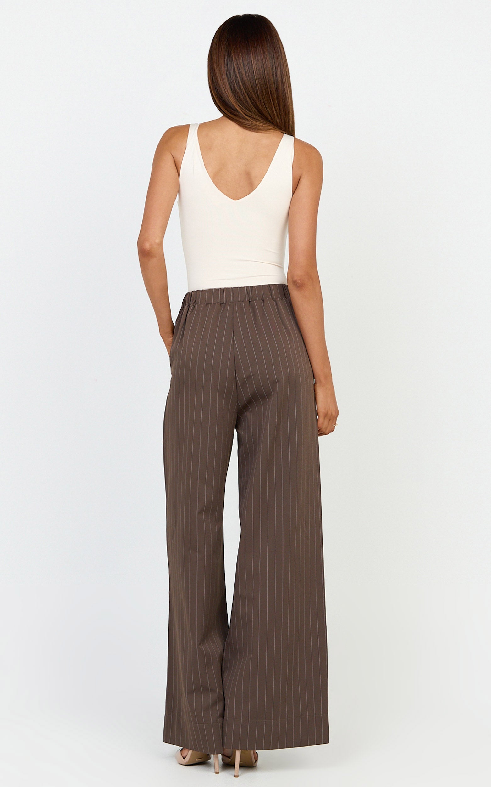 Amara Pants - High Waist Wide Leg Stripe Pants in Chocolate