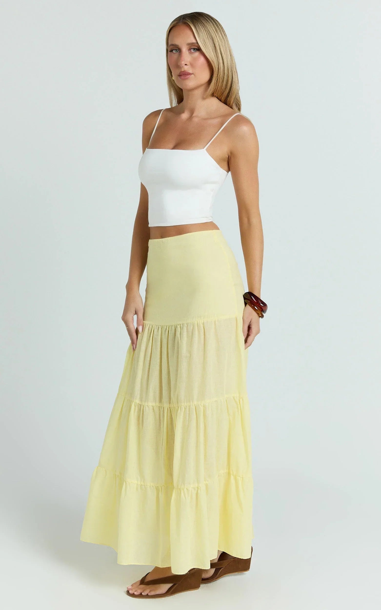 Rosalie Maxi Skirt - High Waist Tiered Maxi Skirt in Pastel Yellow