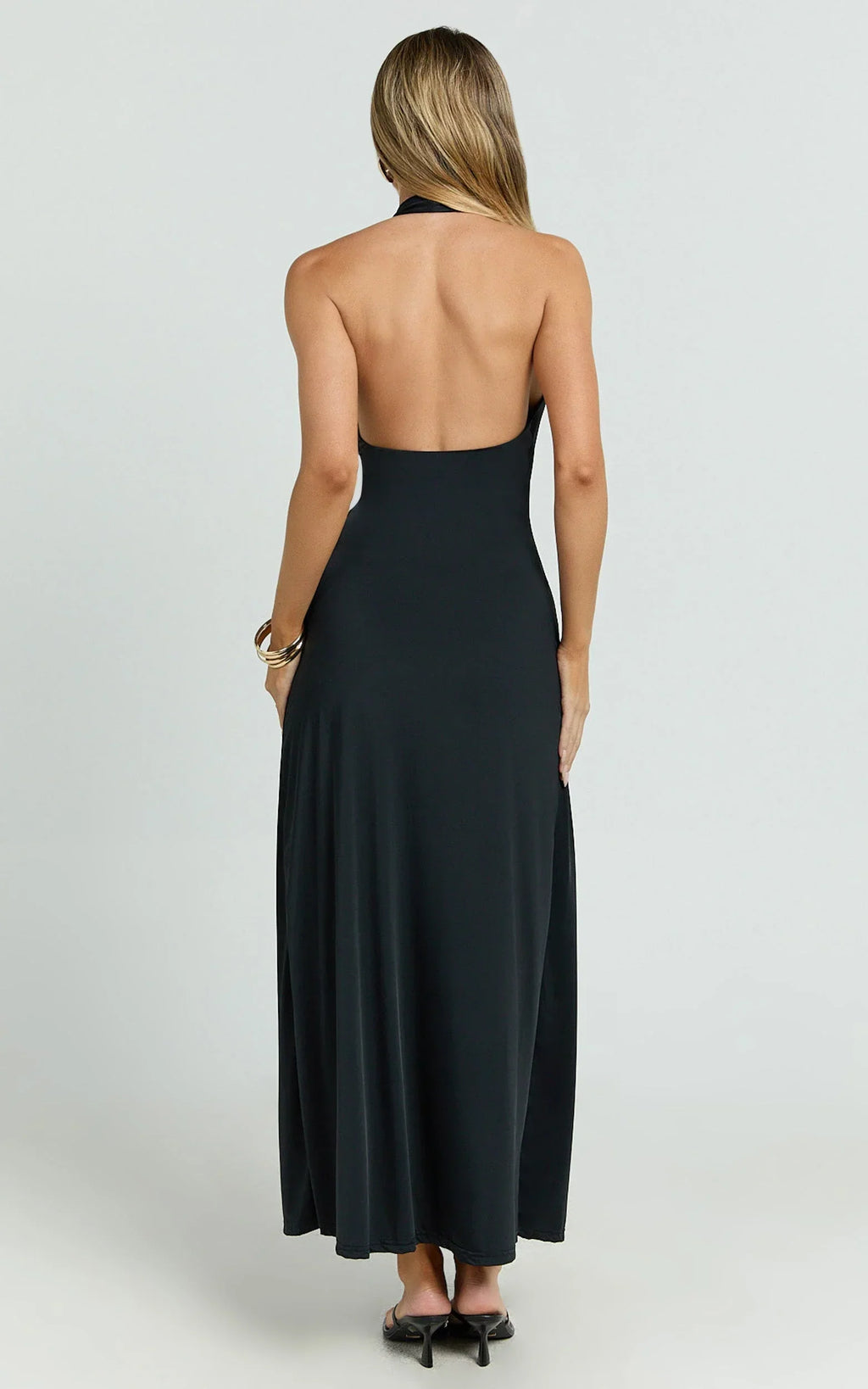 Roseville Maxi - Wrap Front Halter Dress with Hardware Detail in Black